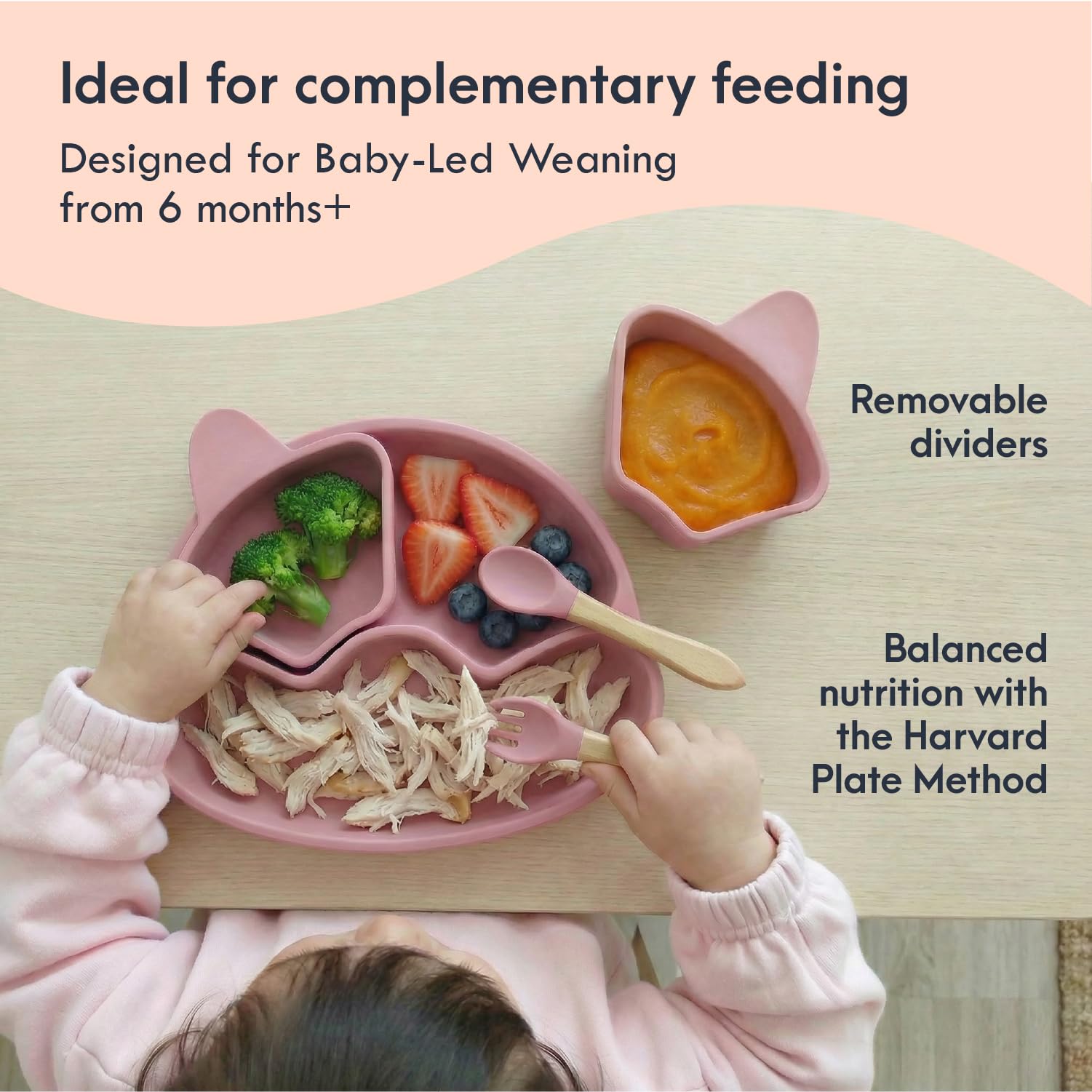 Coffrets repas: Set repas bébé en silicone | Complet set vaisselle bébé comprend: avec assiette ventouse + bol bebe + tasse d'apprentissage + bavoir silicone +4 couverts bebe | Cadeau ideal, sans BPA