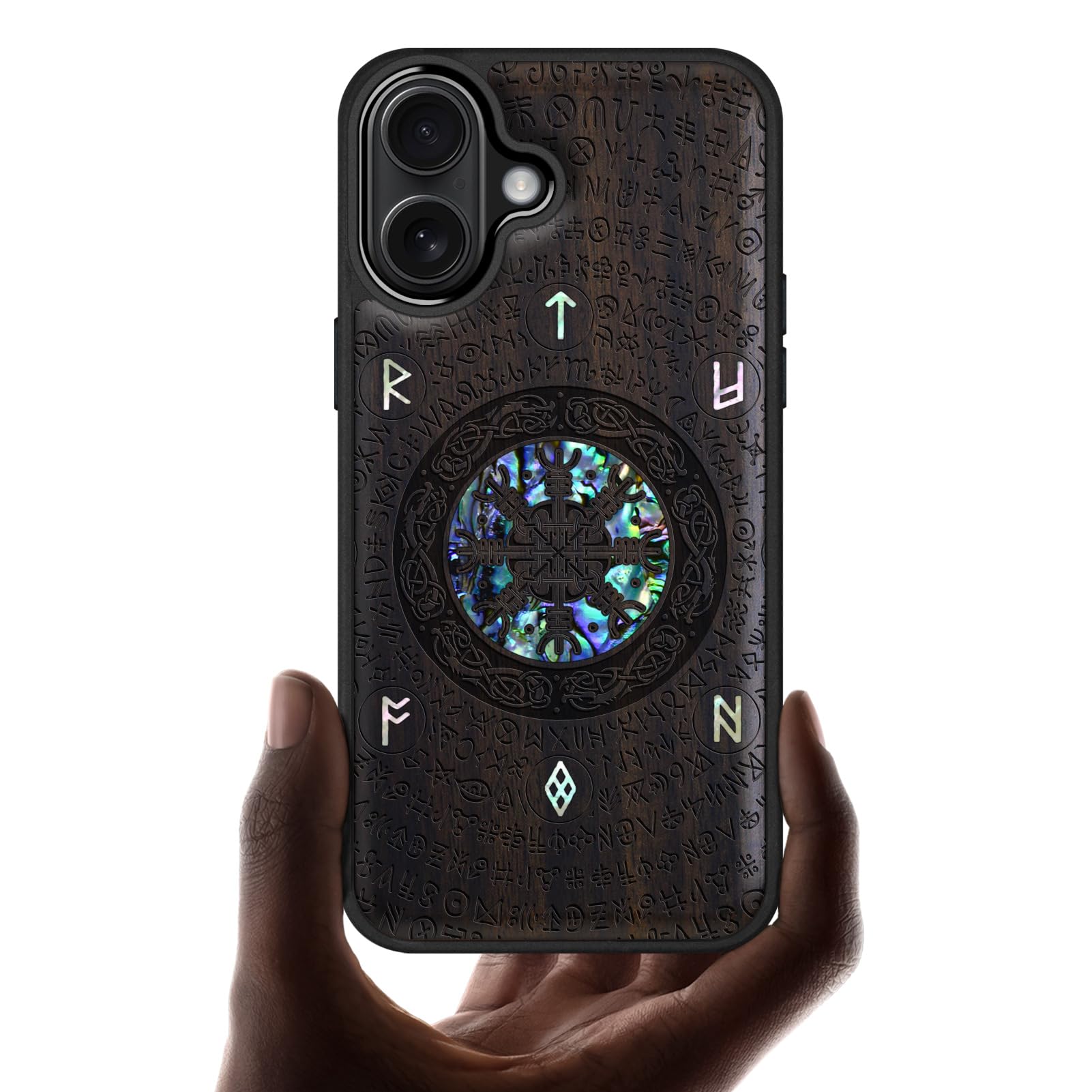 Carveit Magnetic Wooden Case for iPhone 16 Case, Wood Artisan Engraved & Handmade Shell Inlaid, TPU Shockproof Cover, Compatible with MagSafe Wireless