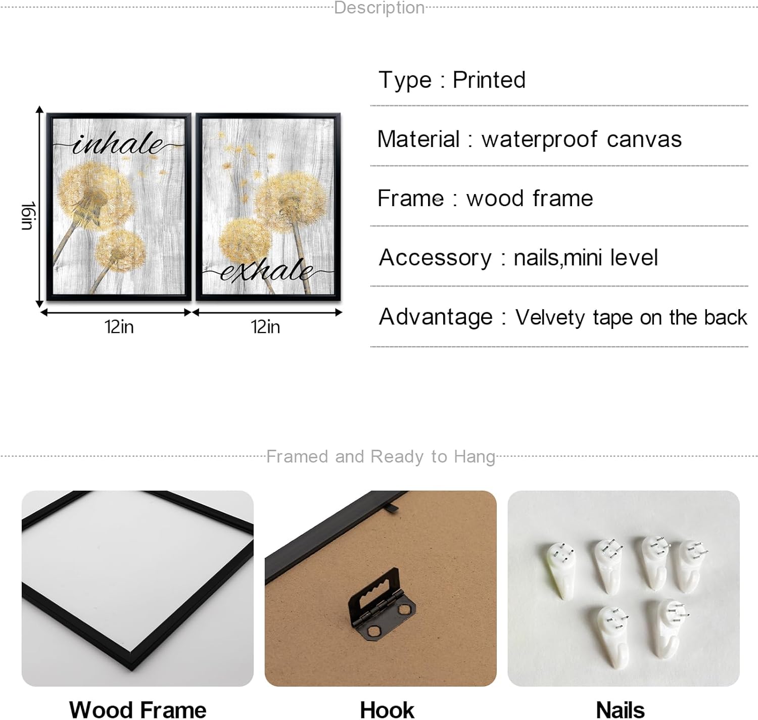 Yellow And Gray Dandelion Wall Art Framed Set of 2 Bathroom Wall Decor Inhale And Exhale Quote Floral Paintings Prints Canvas Wall Art for Office Living Room Bedroon Decor