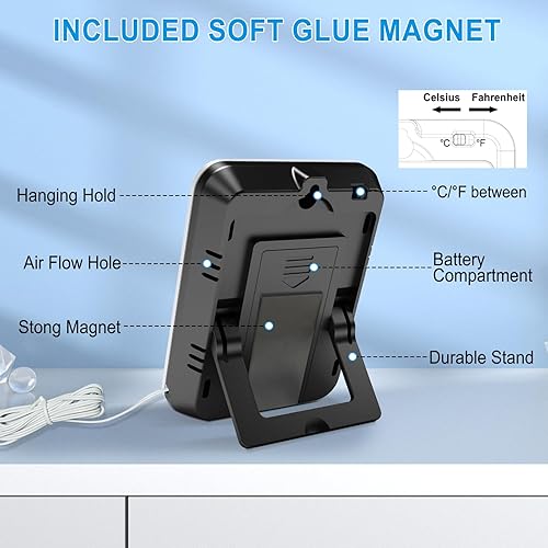 Miniatura 4 de Urageuxy Termómetro digital para refrigerador con pantalla LCD grande, termómetro con cable para interiores y exteriores con parte trasera