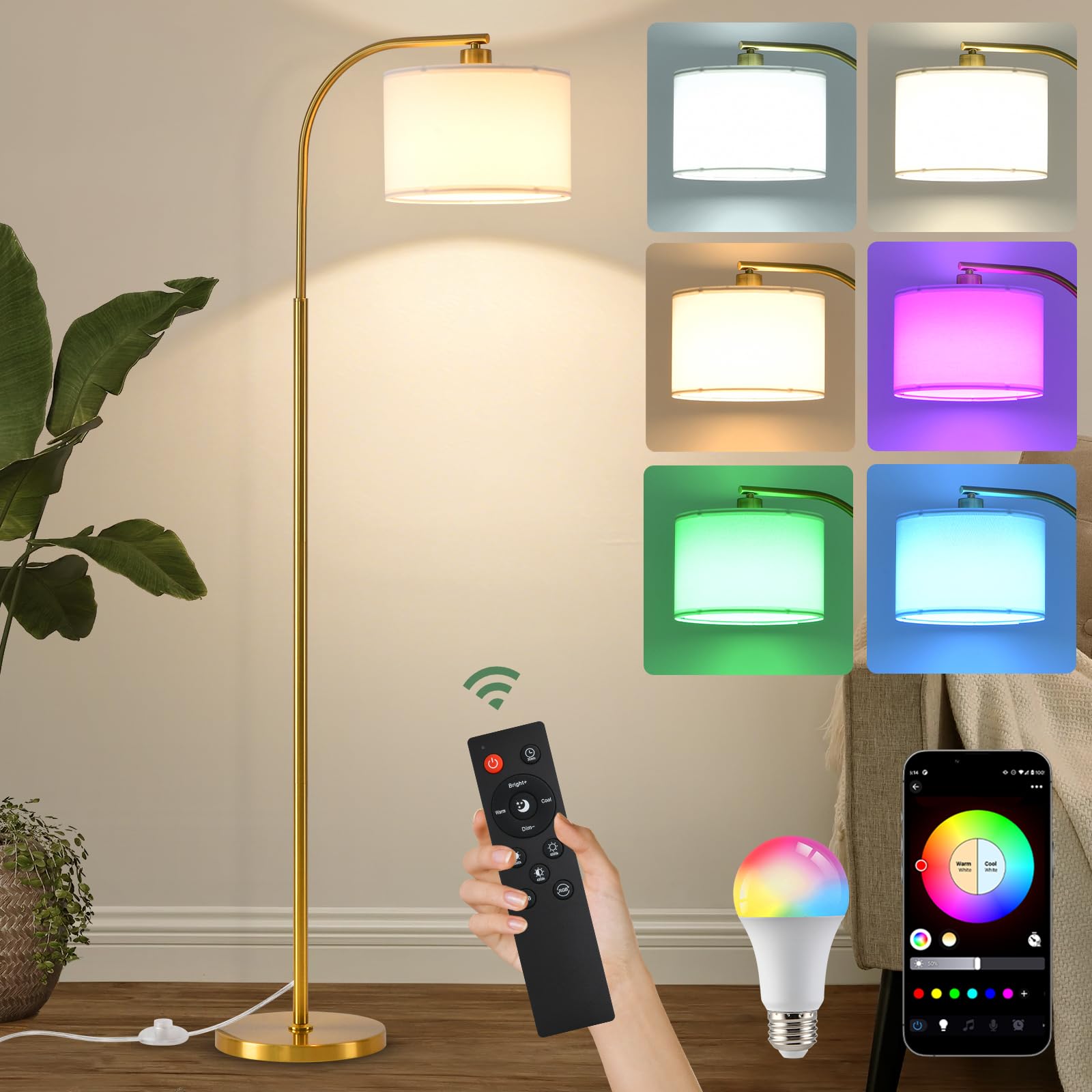DESGNT Gold Floor Lamps for Living Room,Modern Standing lamp with Remote Control,Tall Lamps with 15 Colors Dimmable,App Control,LED Smart RGB Floor Lights for Bedroom Office Corner Dorm Room.