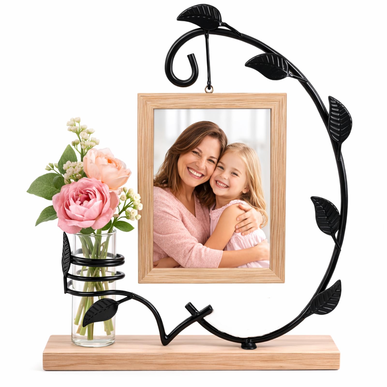 Photo Frame 6x4, Personalised Gift with Glass Vase and Metal Plant, Wooden Picture Frame Holds two 6x4 Pictures, Small Picture Frame for Home Decration, Office, Gift for Mum Grandma Sister