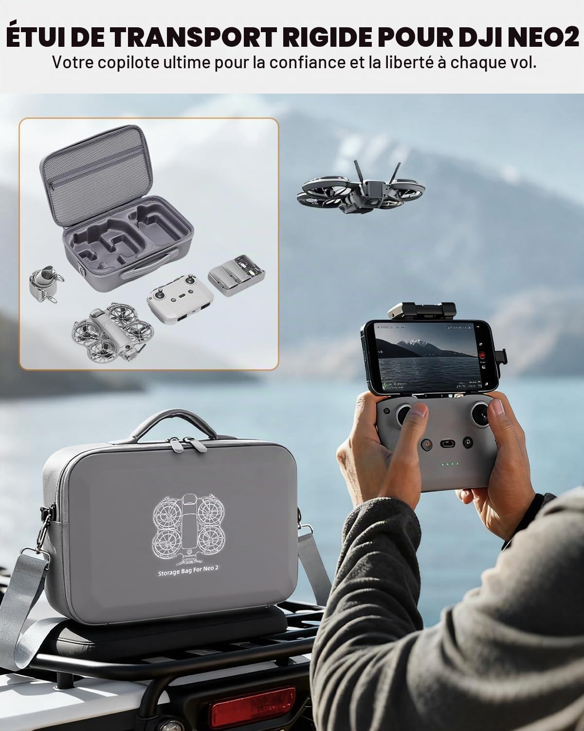 Étui de transport rigide pour drone DJI Neo 2 Fly More Combo, sac à bandoulière étanche de voyage et de rangement pour DJI Neo 2 RC-N3 contrôleur, chargeur de batterie et accessoires