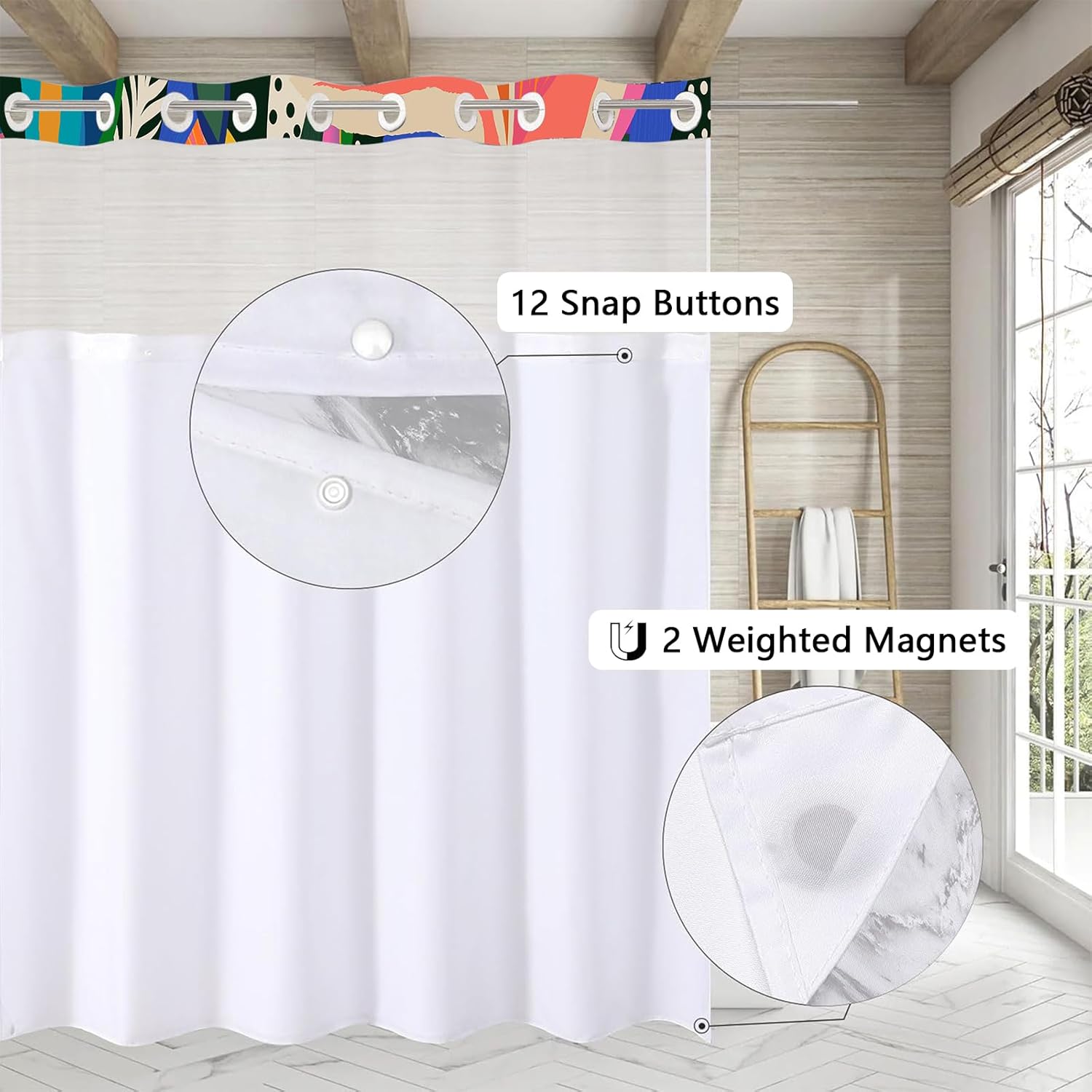 Tropical Jungle Shower Curtain No Hooks, Boho Floral Shower Curtains Double with Snap in Liner, Waterproof Fabric Fun Bath Curtain with Mesh Top Window, Colorful Abstract Decor for Bathroom 71" X 74"