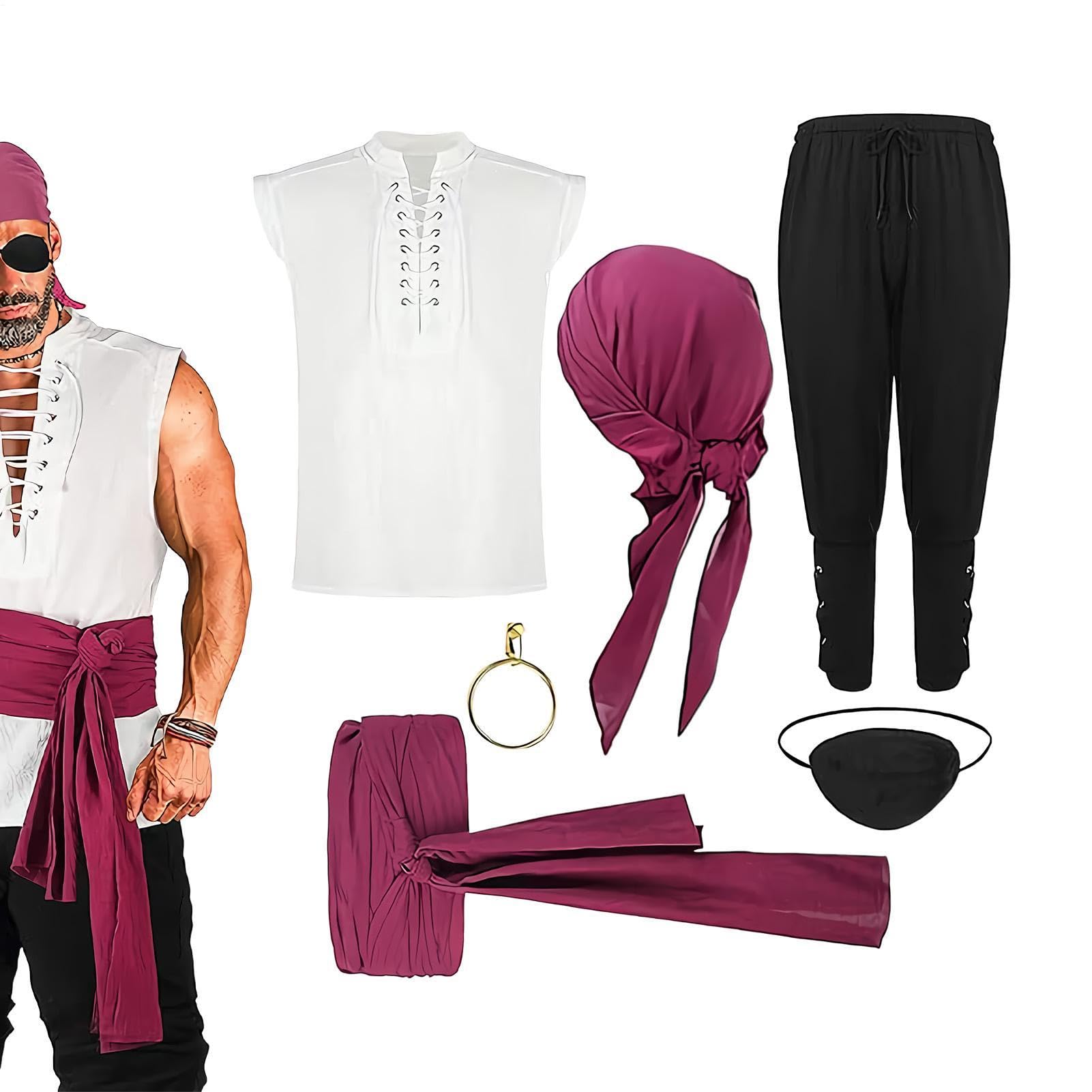 Costume da pirata da uomo, per Halloween, cosplay, set con camicia, pantaloni, bandana e | Set di accessori da pirata per cosplay, feste, spettacoli, festival, sfilate, balli di fine anno, eventi
