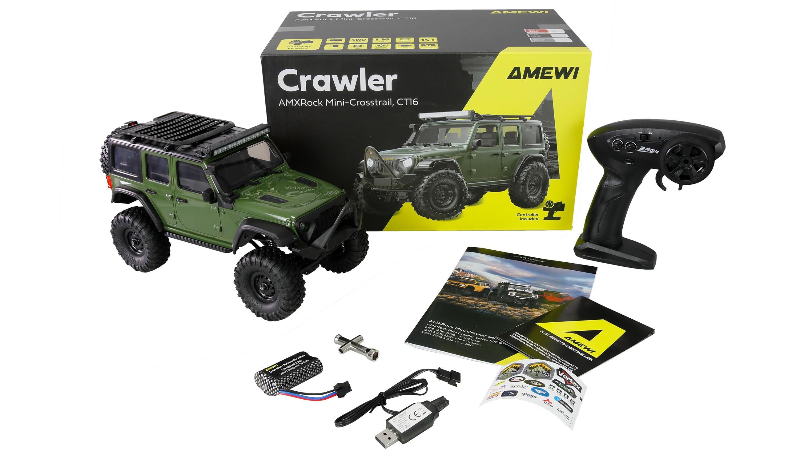 Amewi AMXRock Mini-Crosstrail Scale Crawler 4WD 1:16 RTR zielony z pilotem zdalnego sterowania, akumulatorem, kablem do ładowania