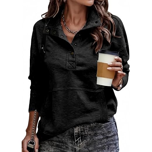 SHEWIN Women's Casual Long Sleeve Stand Neck Sweatshirt Lightweight Button Drawstring Pullover Tops