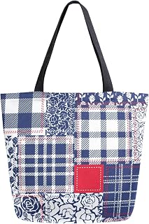 Bohemian Roses Blue White Red Patchwork Extra Grande Bolsa de ombro Utilitário para academia, praia, viagens, compras, ioga, academia, academia, alça superior