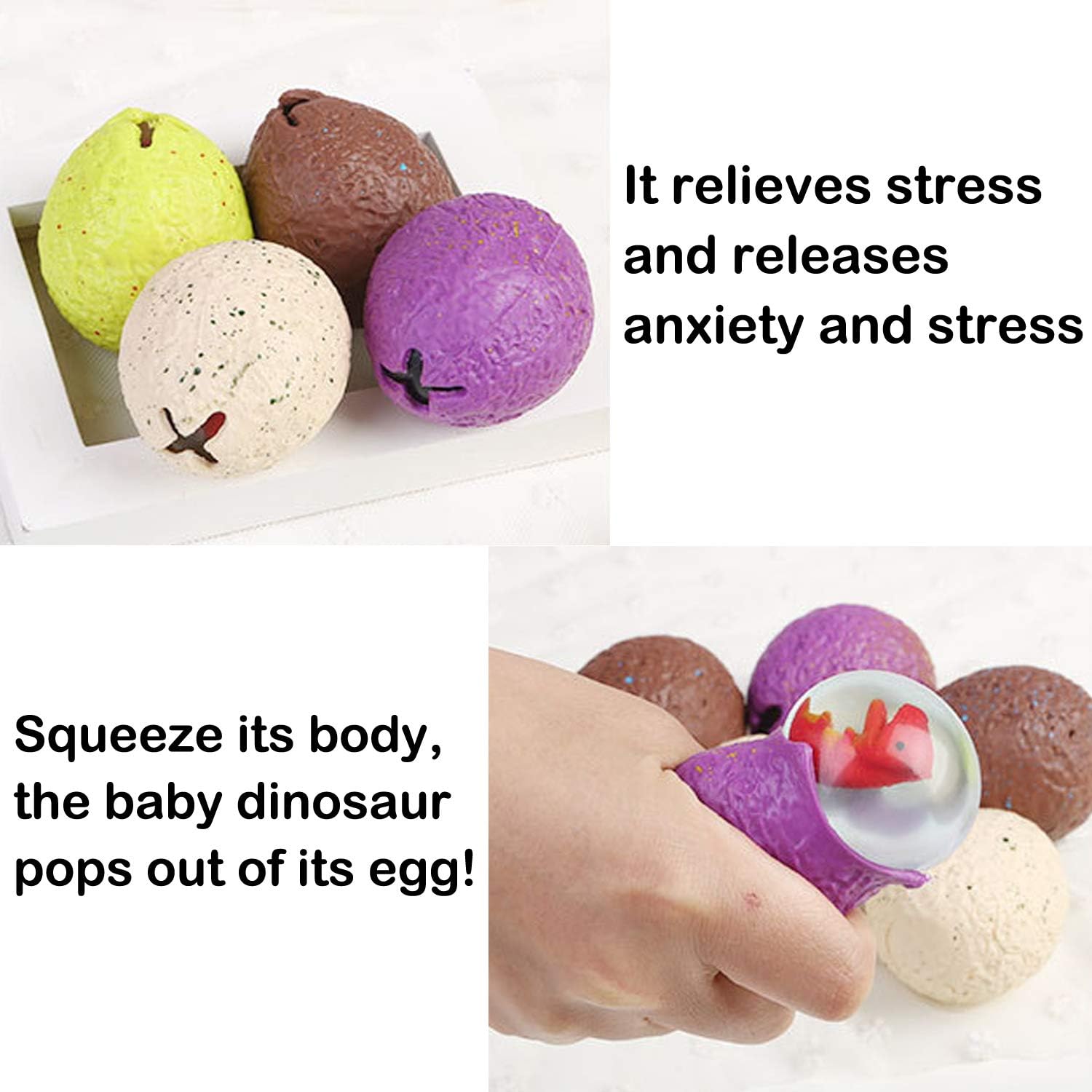 4 Pack Dinosaur Theme Egg Stress Balls, Dino Squishy Ball Set, Squeeze Balls for Adults, Fidget Balls to Relax, Stress Relieve, Party Favors, Birthday, Goodie Bag Stuffers, Increase Entertainment