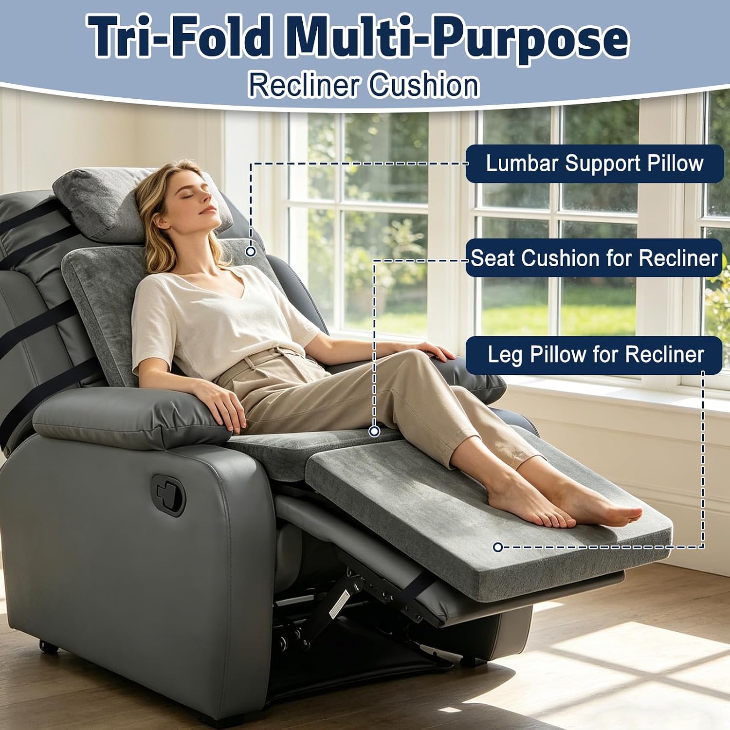 3-Fold Recliner Cushions Foam Seat Chair Cushions Backrest Leg Pillow with Head Pillow Adjustable Straps Removable Cover Non-Slip for Elderly Office Chair(Grey)