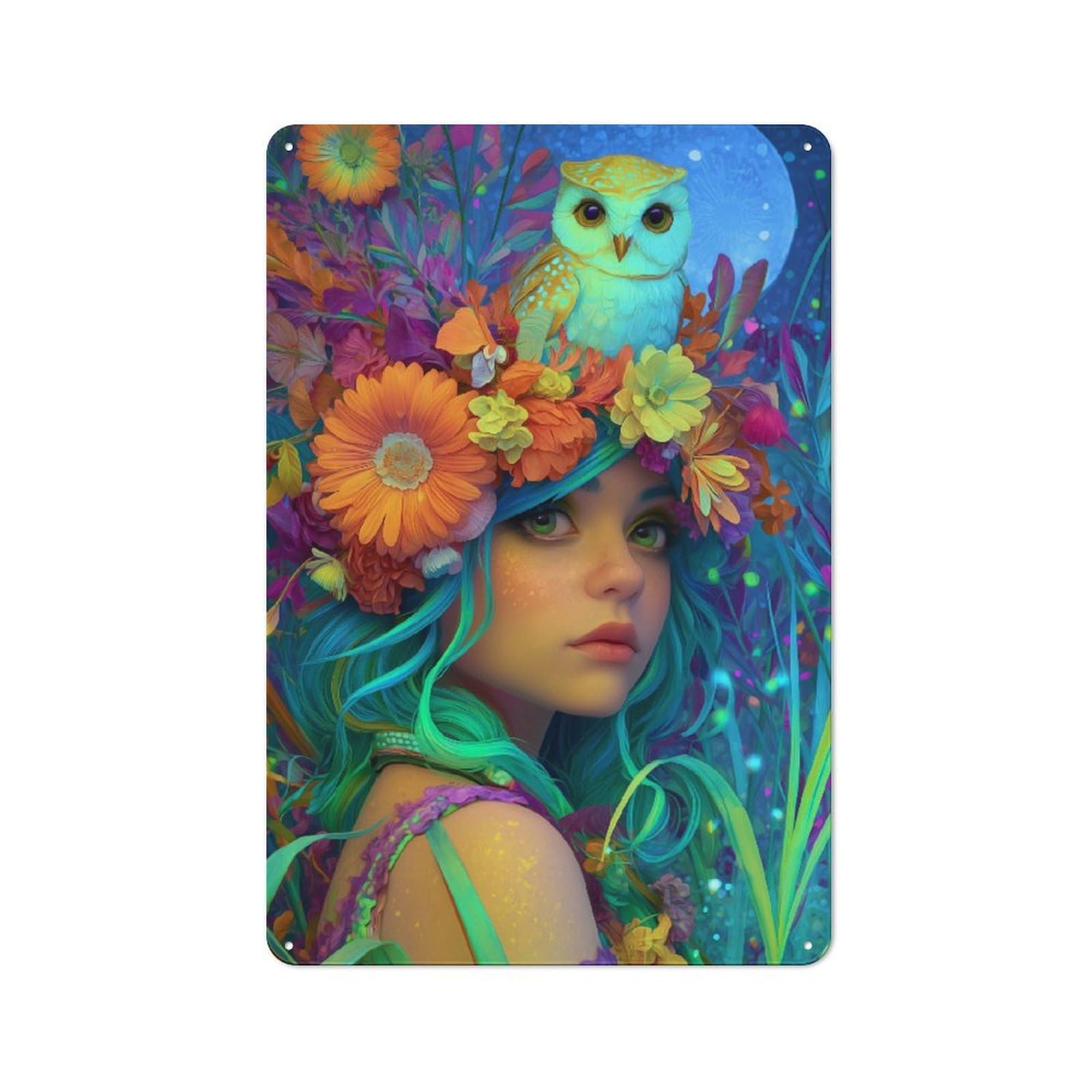 Junmoney Floral Owl Fantasy Tin Wall Plaque 30X20cm With For Hobby Room Or Studio, For Updating Hobby Room And Studio After Moving