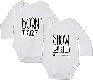 Hippowarehouse Novelty & Special Use Clothing,Novelty,Bodysuits & One Pieces Hippowarehouse Born First and Show Off (Twin Pack) Baby Vest Bodysuit (Long Sleeve) Boys Girls
