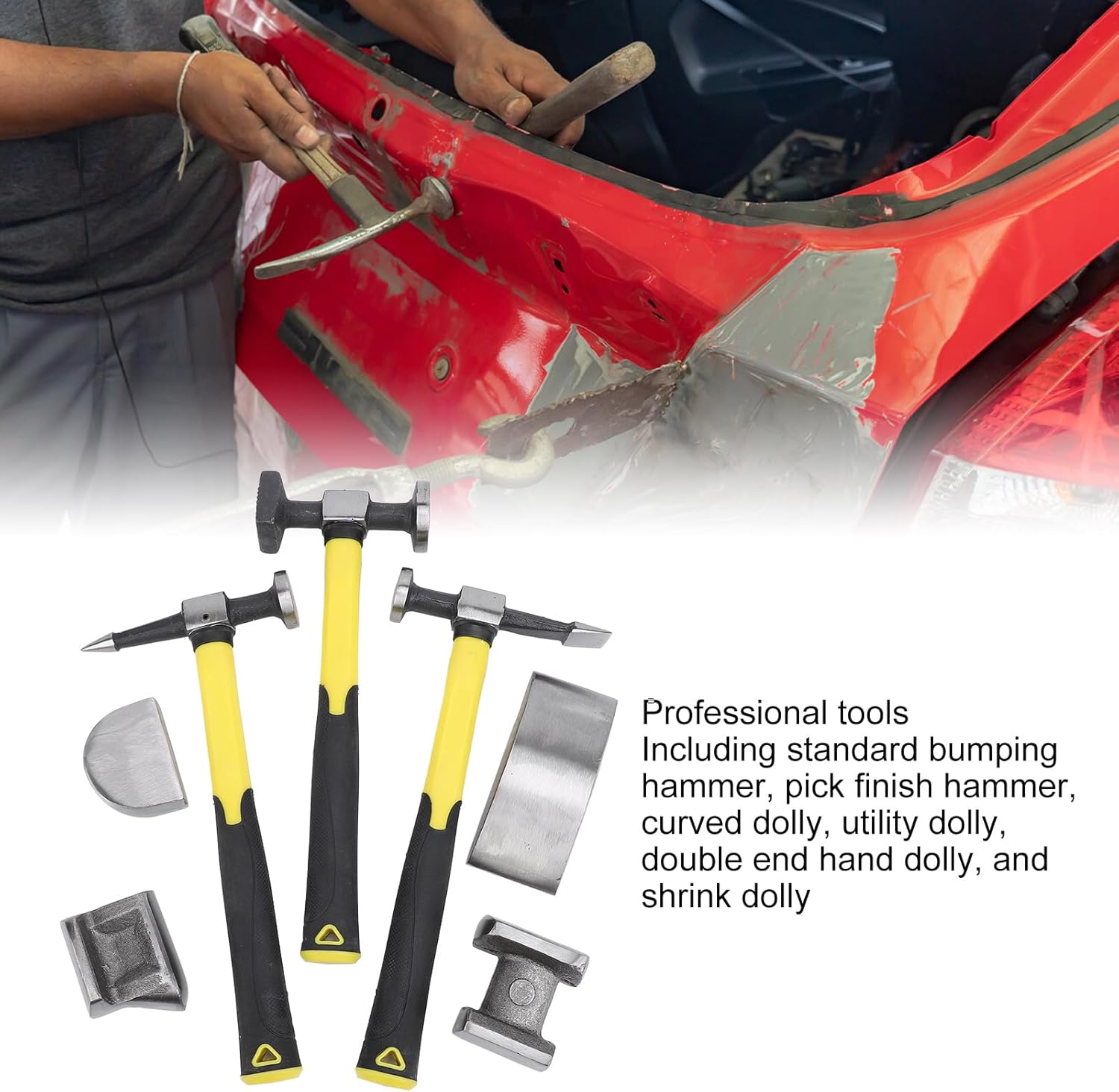 Aramox Auto Body Repair Hammer, 7PCS Auto Body Repair Kit Carbon Steel Heavy Duty Hammer Dolly Set Dent Repair Tools for Car Truck with Box