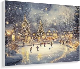 Shrandi Winter Village Scene with People Ice Skating at Dusk Paint by Number, Adult Paint by Number Kits, Painting Kits for Adults Digital Oil Painting Gift and Home Wall Decor 16 * 12inch