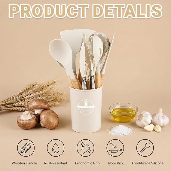 Kitchen Utensils Set, 12 Pcs Silicone Cooking Utensils Set with Wooden Handle, Non Stick Heat Resistant Kitchen Utensil Accessories Set Easy Clean (Off White)