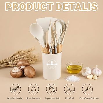 Kitchen Utensils Set, 12 Pcs Silicone Cooking Utensils Set with Wooden Handle, Non Stick Heat Resistant Kitchen Utensil Accessories Set Easy Clean (Off White)