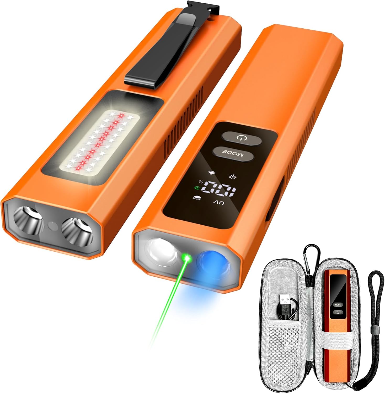 EDC Flat Flashlight High Lumens, Rechargeable Pocket Light with White/Warm LED, UV, Gream Beam, Flash Combo, 4 Bright Modes, Double Magnetic Base, for Outdoors, Emergency, Work, Detection (Orange)