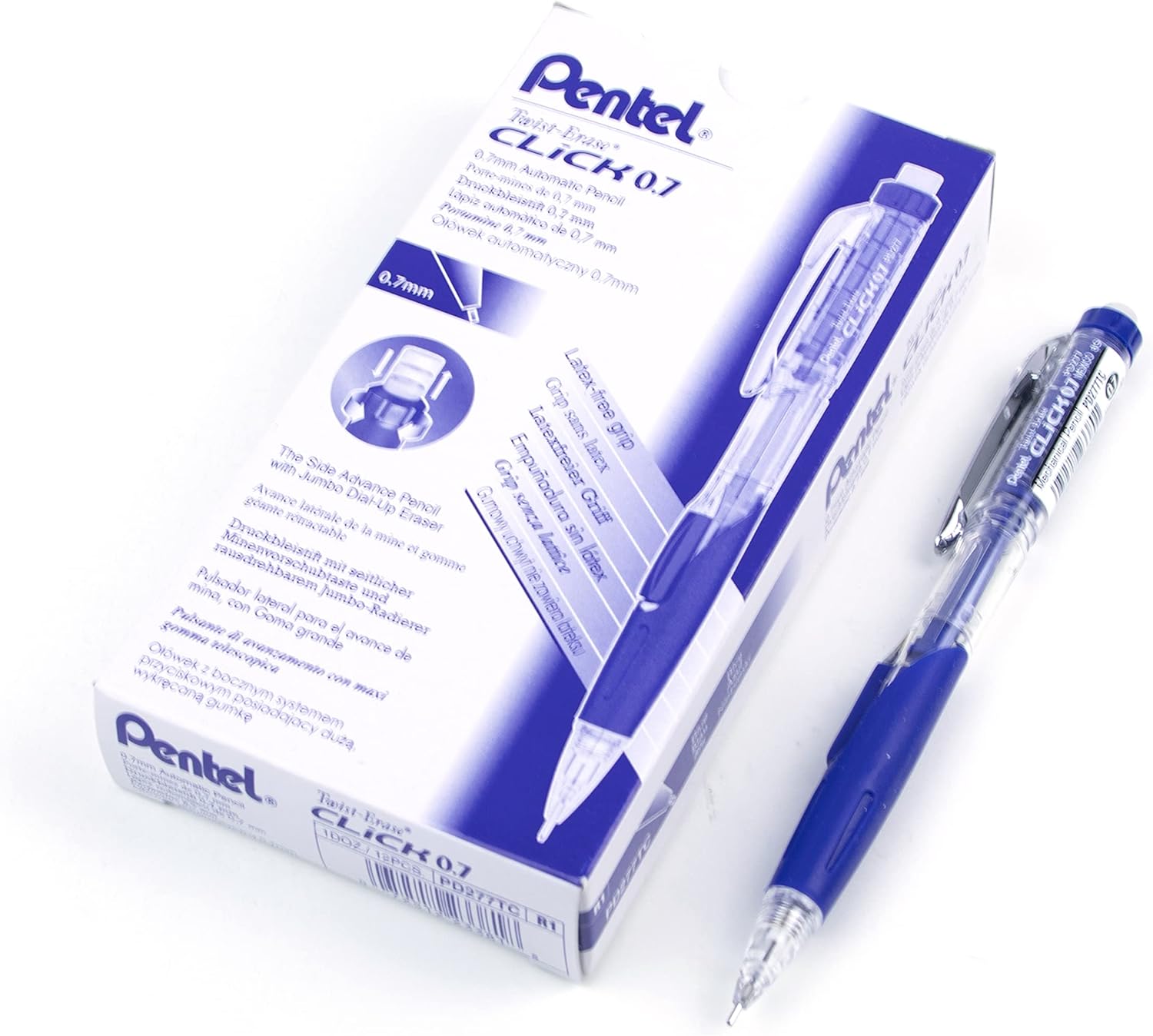 Pentel Twist-Erase Click Mechanical Pencil (0.7mm) Assorted Blue Barrel Colors, Color May Vary, Box of 12 (PD277TC)