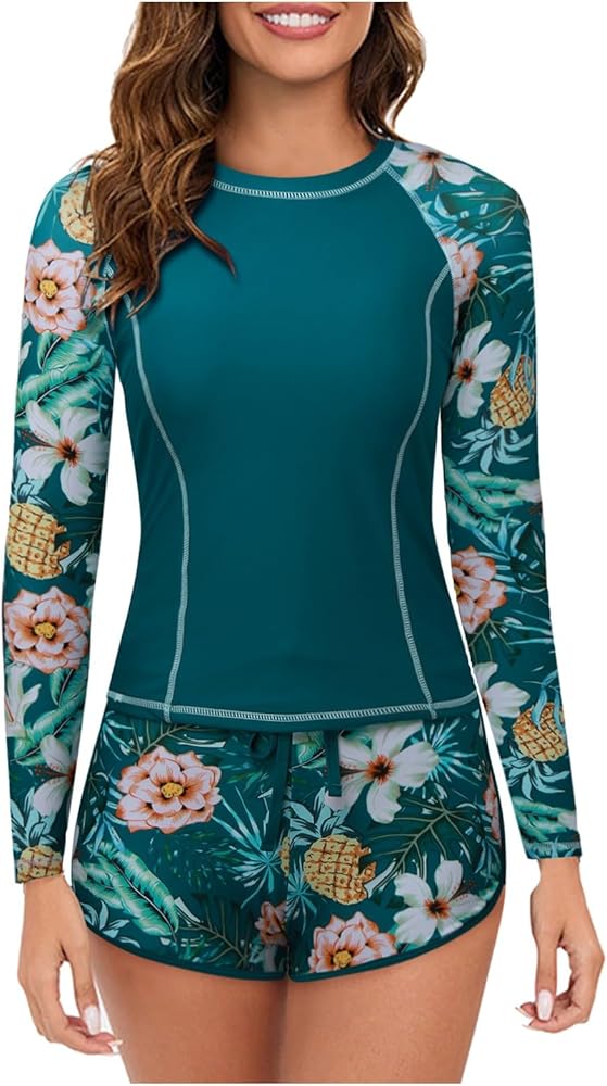 SHEKINI Damen Rash Guard 2-teilig - Kurzarm Badeanzug Mit Boardshorts UPF 50+