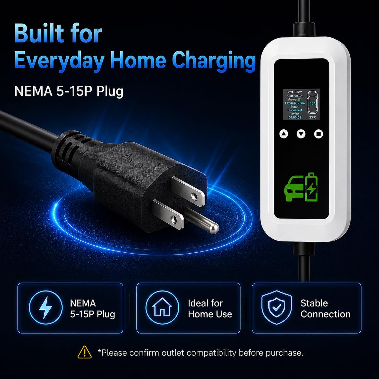 Portable Level 1 EV Charger, J1772 Charger, 8A-16A, 16FT, NEMA 5-15P, 3.5KW