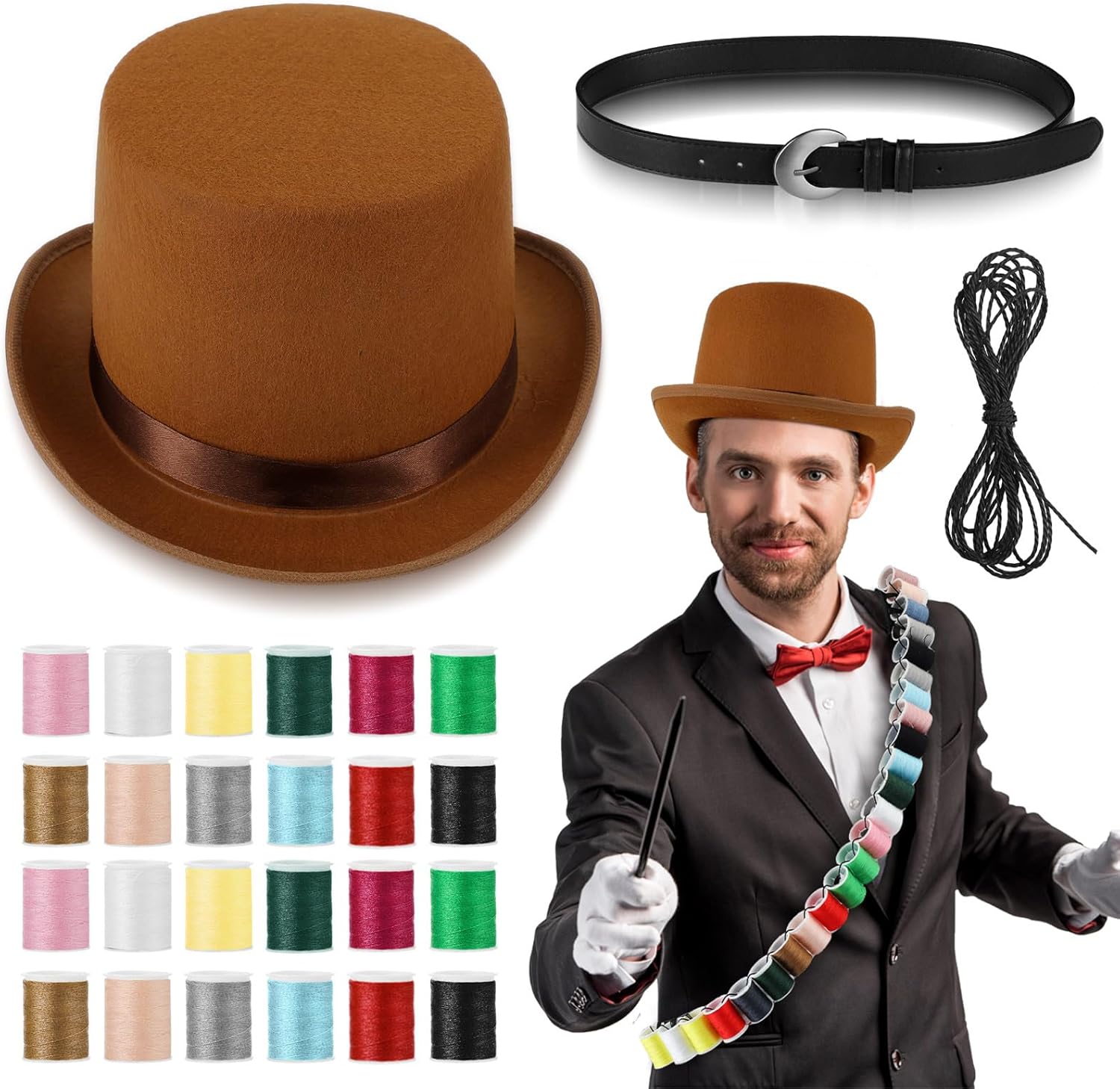 Yahenda Hatter DIY Halloween Top Hat Costume with Colored Spools Black Rope Adjustable Length, Belt Brown Felt Hat DIY Agent Wonderland Hatter Clothes for Halloween Cosplay Role Play Party