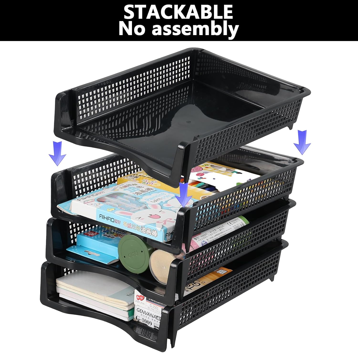 6 Pack Plastic Rectangular Letter Trays, Stackable Desk Organizer Tray for Paper Storage
