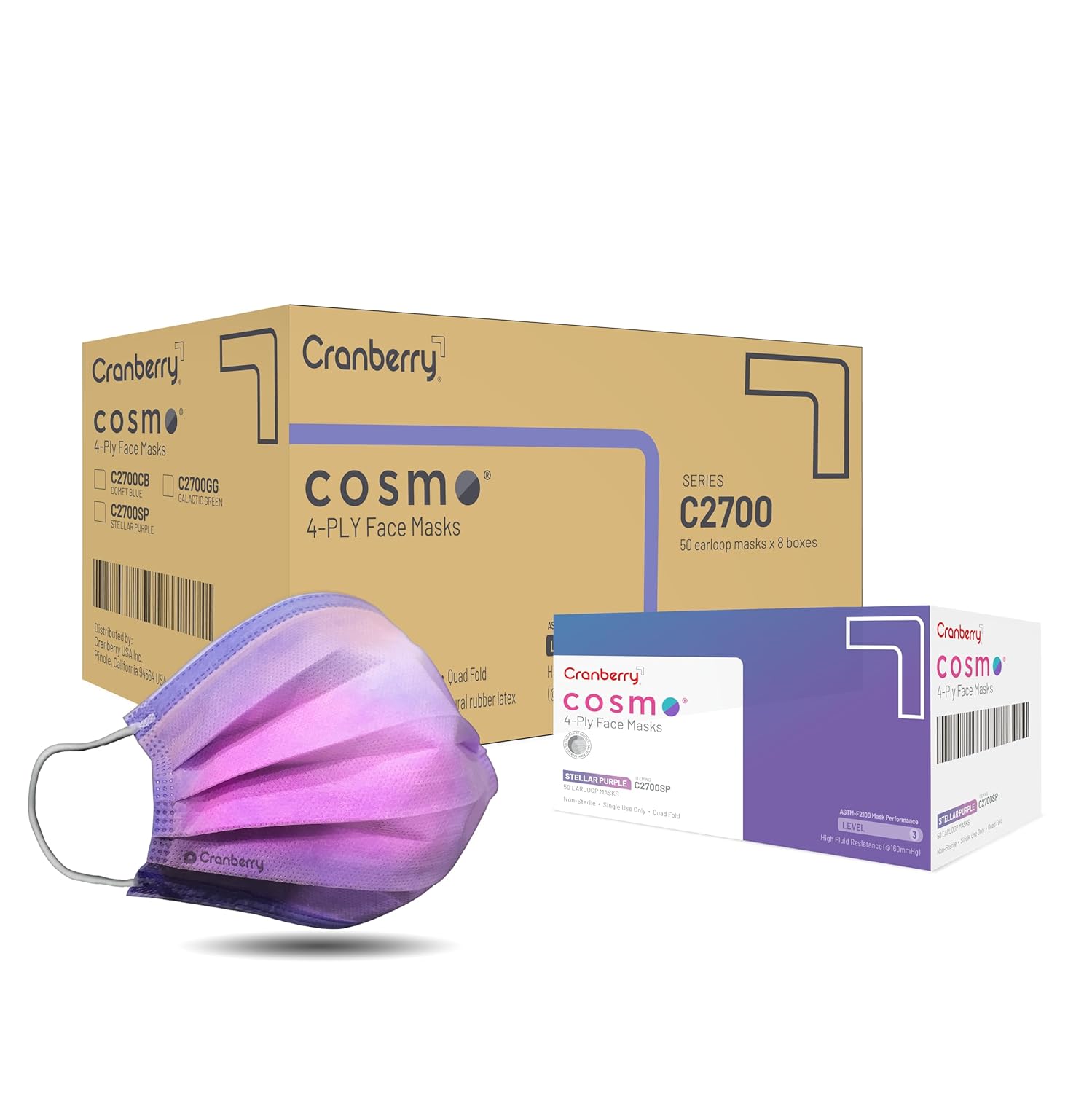 Cranberry USA Cosmo Purple Face Masks, Disposable, 4-ply, Elastic Earloops, Medical & Dental, Level 3, C2700SPcase (Pack of 400)