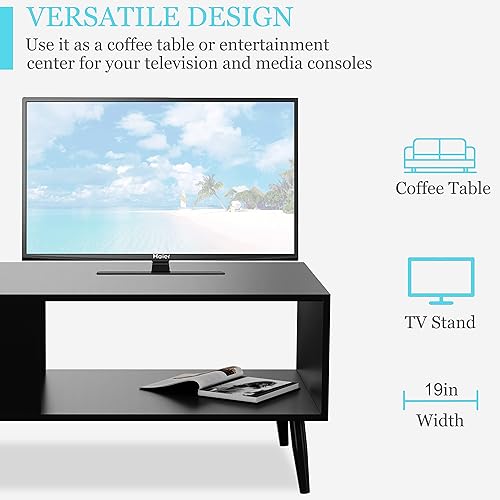 Miniatura 7 de Yusong Mesa de centro moderna de madera para sala de estar, mesas centrales retro de mediados de siglo, mesa de cóctel con estante de almacenamiento