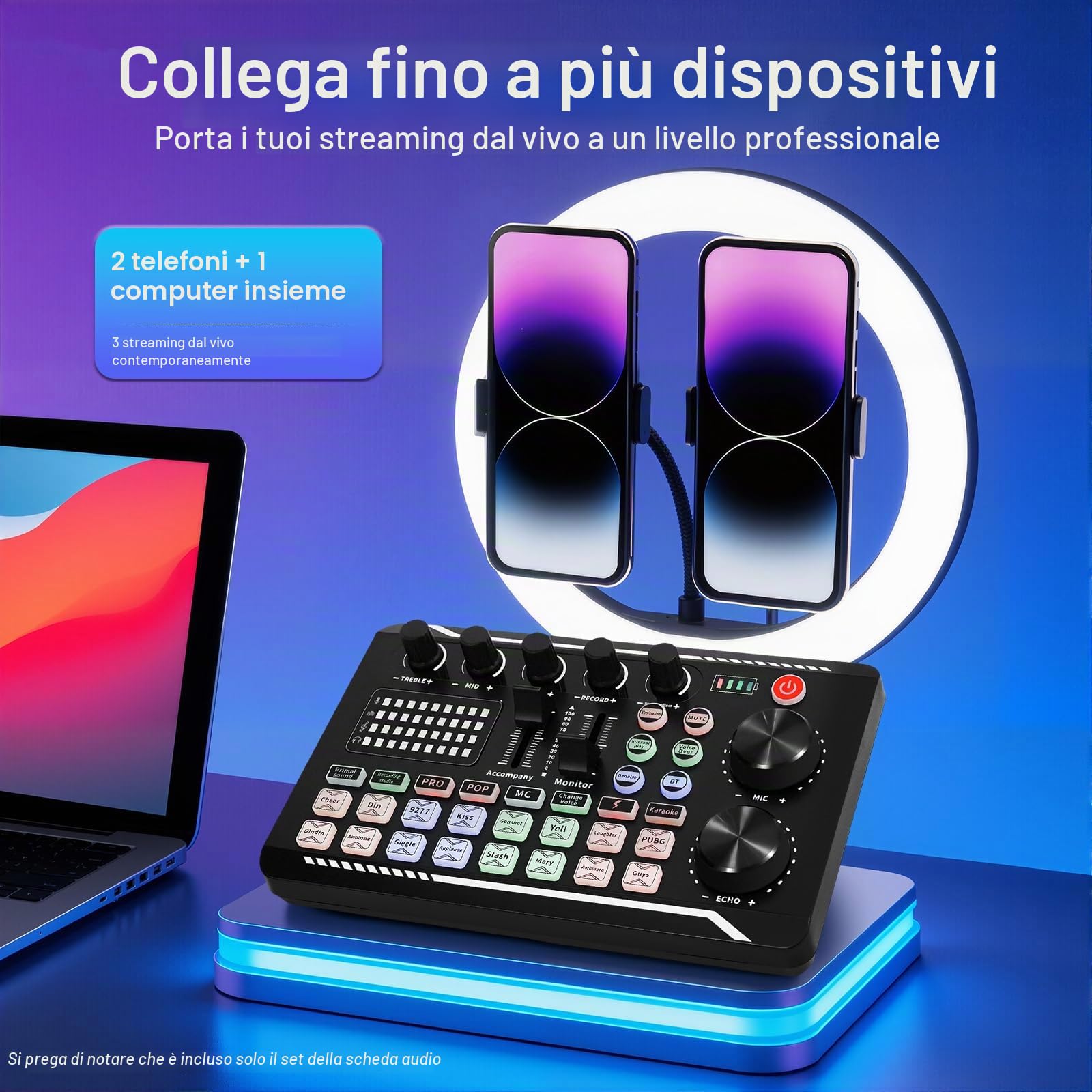 F998 - Mixer audio professionale Bluetooth, interfaccia audio, scheda audio, mixer DJ con diversi effetti sonori e luce LED, scheda per effetti sonori per live streaming, PC, gaming 19 * 11,8 cm