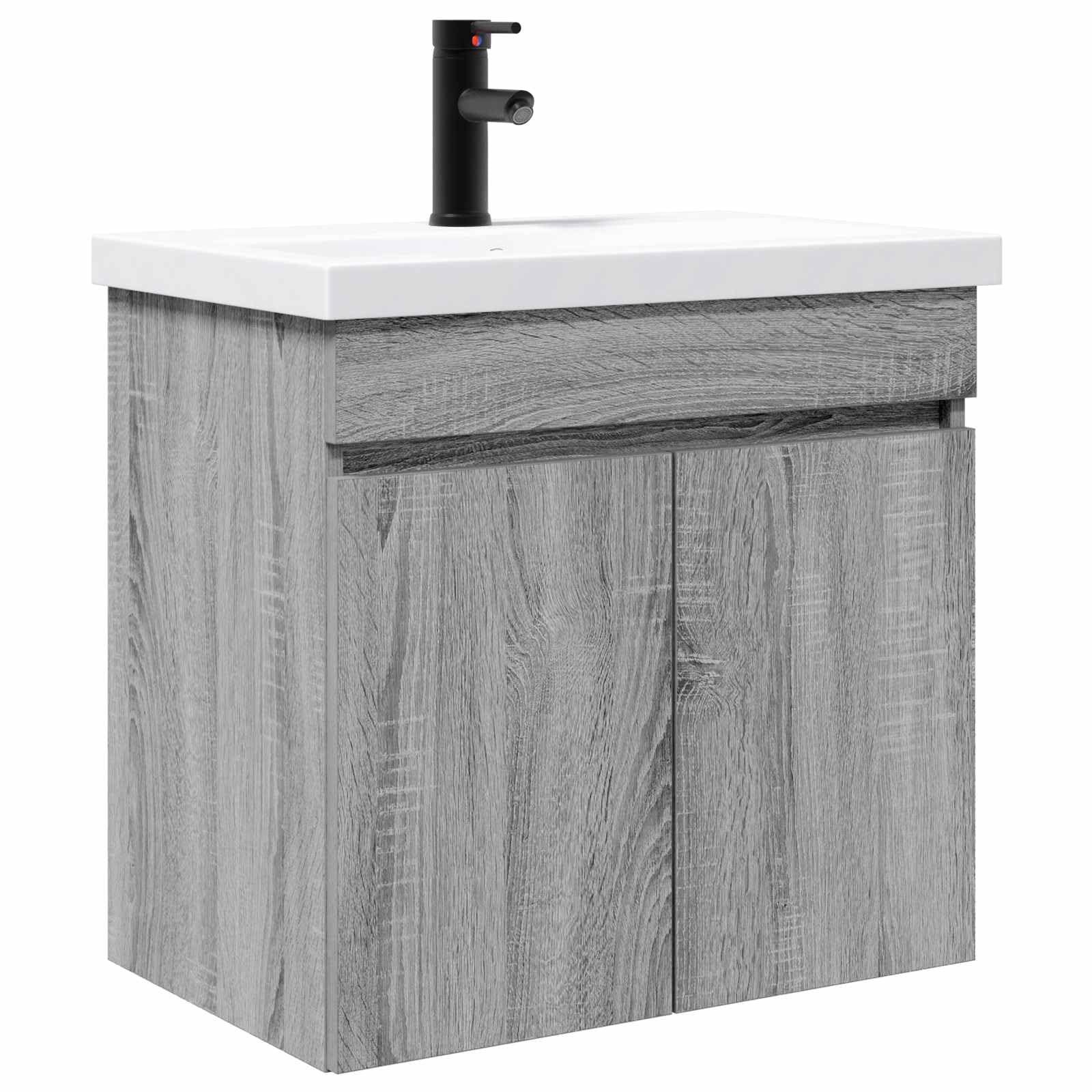 Mueble de baño suspendido con lavabo cerámico y desagüe para optimizar el almacenamiento