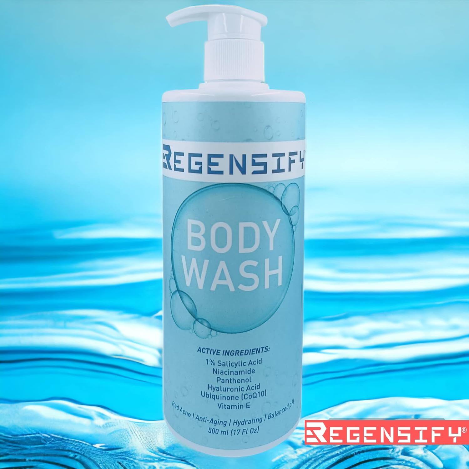 REGENSIFY Red Acne Body Wash 500 ml (17 FL Oz) [1% Salicylic Acid, Niacinamide, Panthenol, Hyaluronic Acid, Coenzyme Q10 & Vitamin E] - Anti Aging, Hydrating, Moisturising & Exfoliating Shower Gel