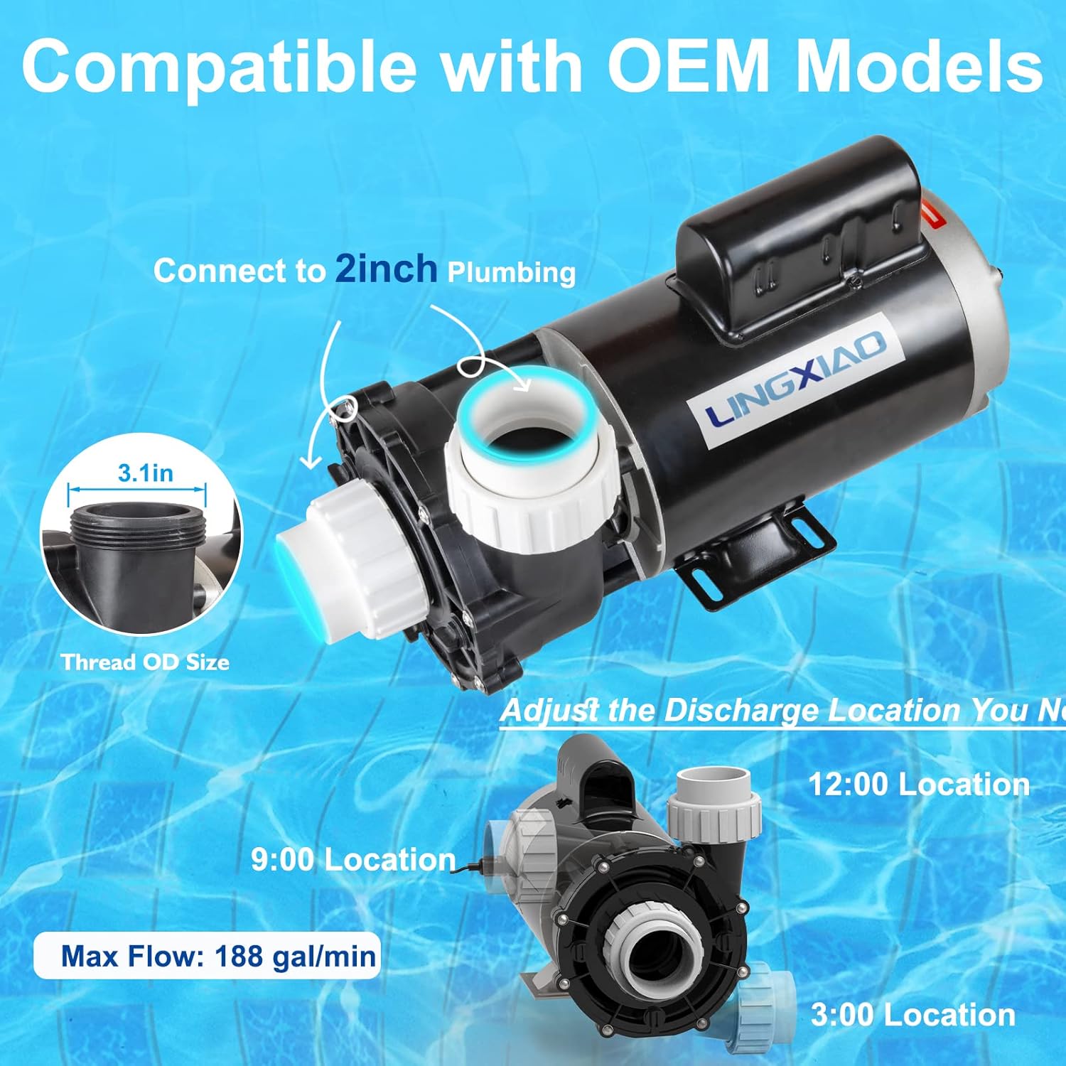 Single Speed SPA Pump - 3HP SPA Hot Tub Pump, 56Y LX SPA Pump Motor 220V-240V, 2" Port - (Model: 56WUA300-I)