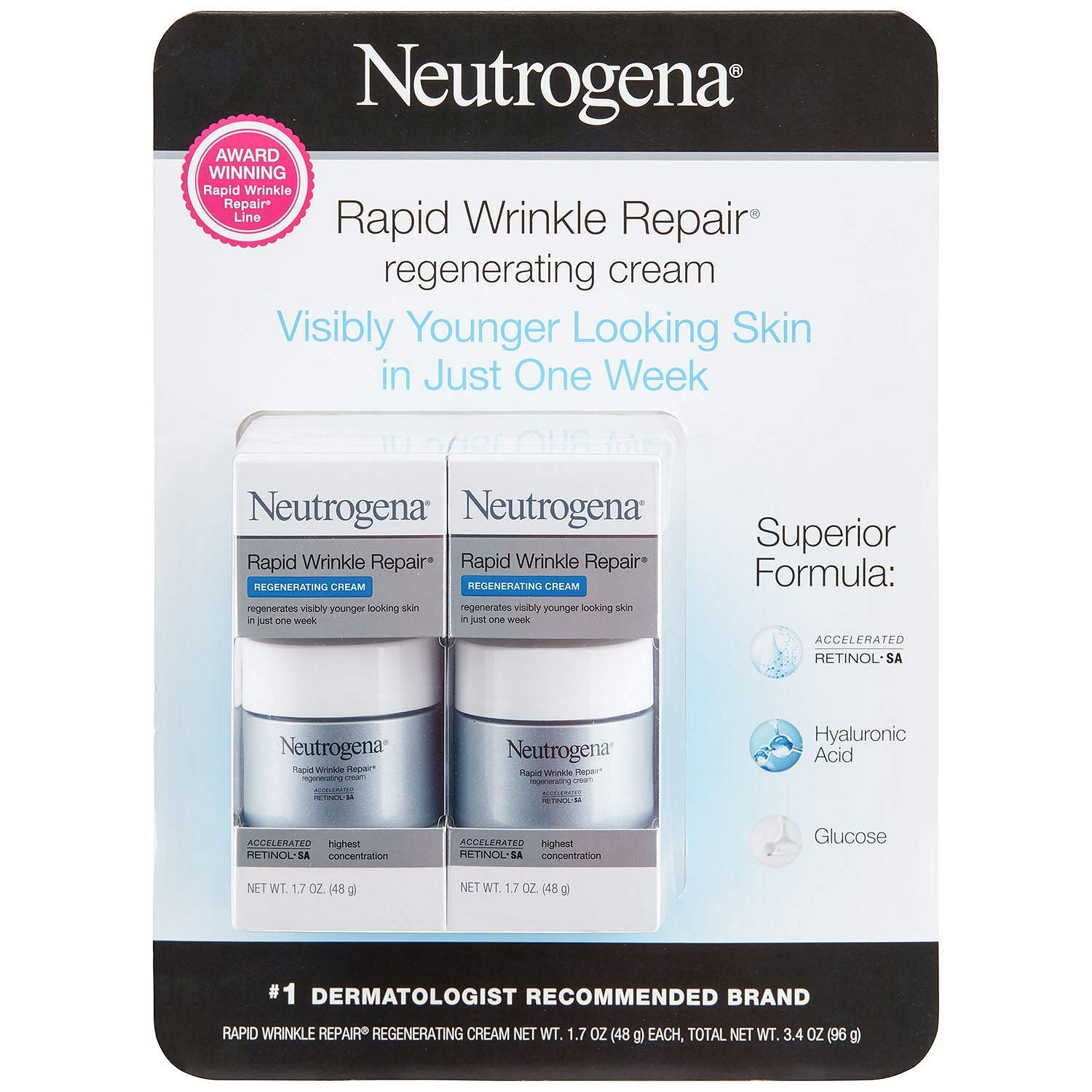 Neutrogena Quick Wrinkle Repair Retinol Regeneration Face Cream & Hyaluronic Acid Anti-Wrinkle Face Cream Neck Cream with Hyaluronic Acid & Retinol 1.7 oz Pack of 2