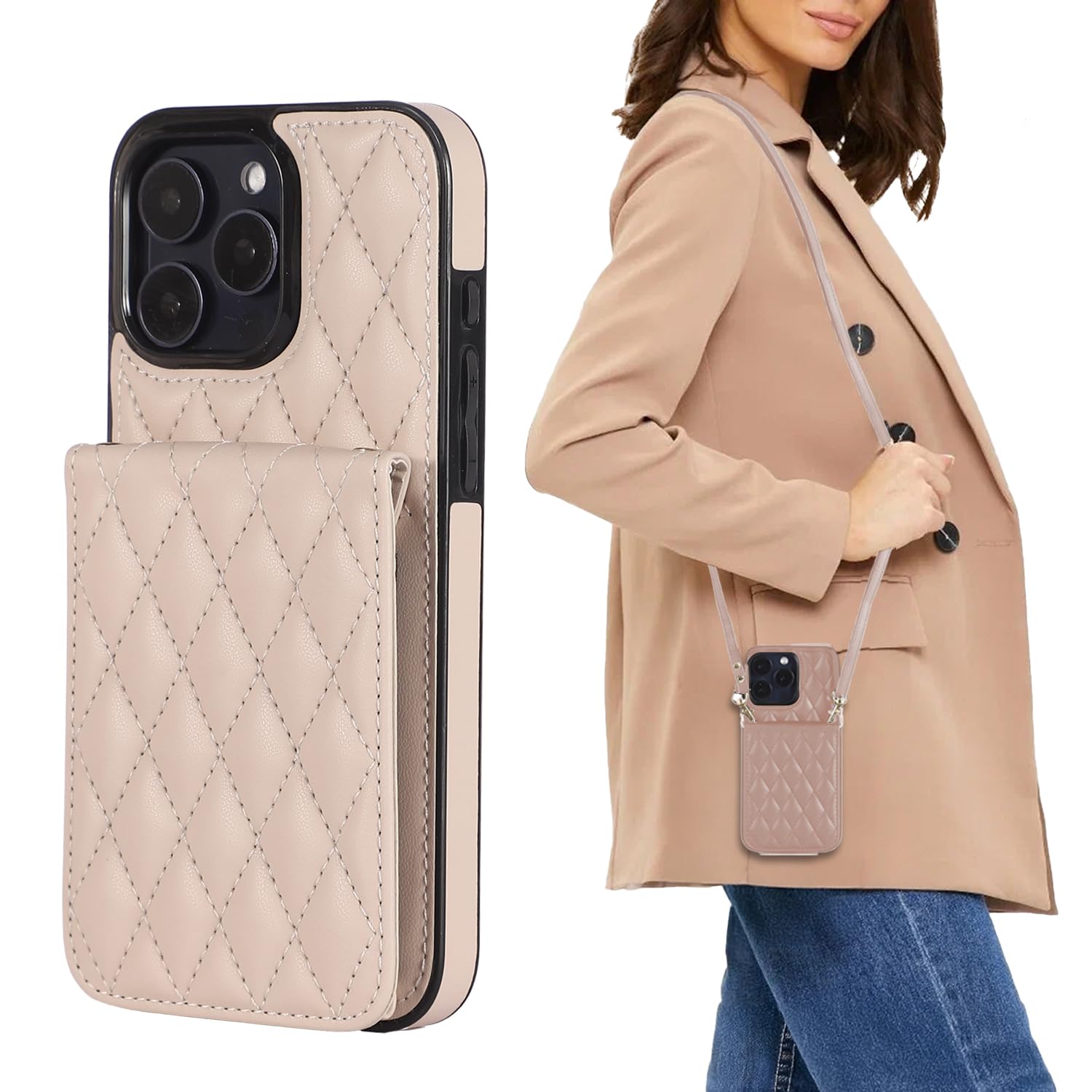 Chinmumu for iPhone 16 Pro Max Wallet Case，Crossbody Magnetic Flip Folio Purse Quilted PU Leather Case with RFID Blocking Card Holder Compatible with