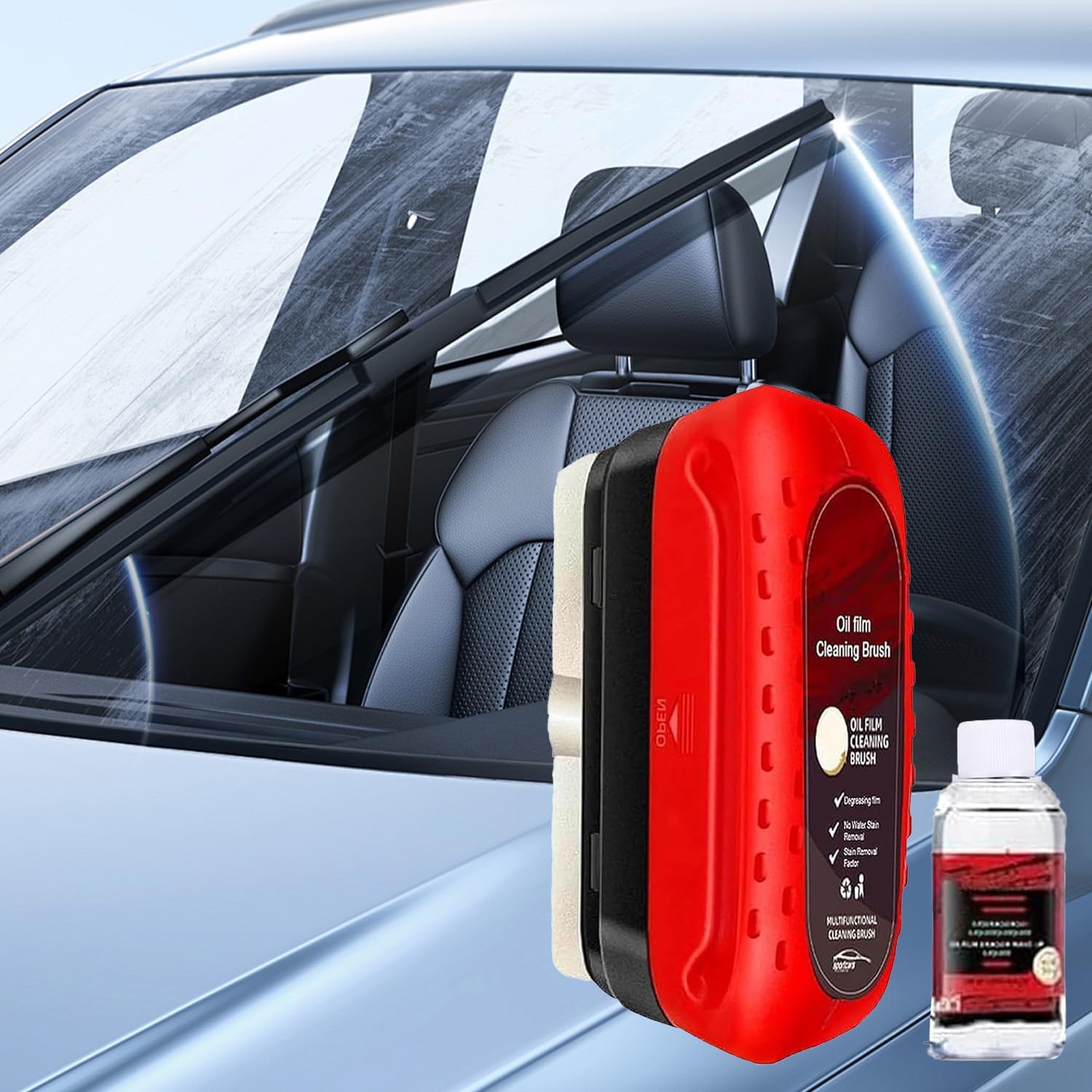 Automotive Oil Film Cleaning Brush for Glass Windshield & Windows – Upgrade 2.0 Kit with Cleaner & Refill, Anti-Rain & Anti-Fog Coating, Windshield Cleaner Tool for Clarity and Safer Driving (Red)
