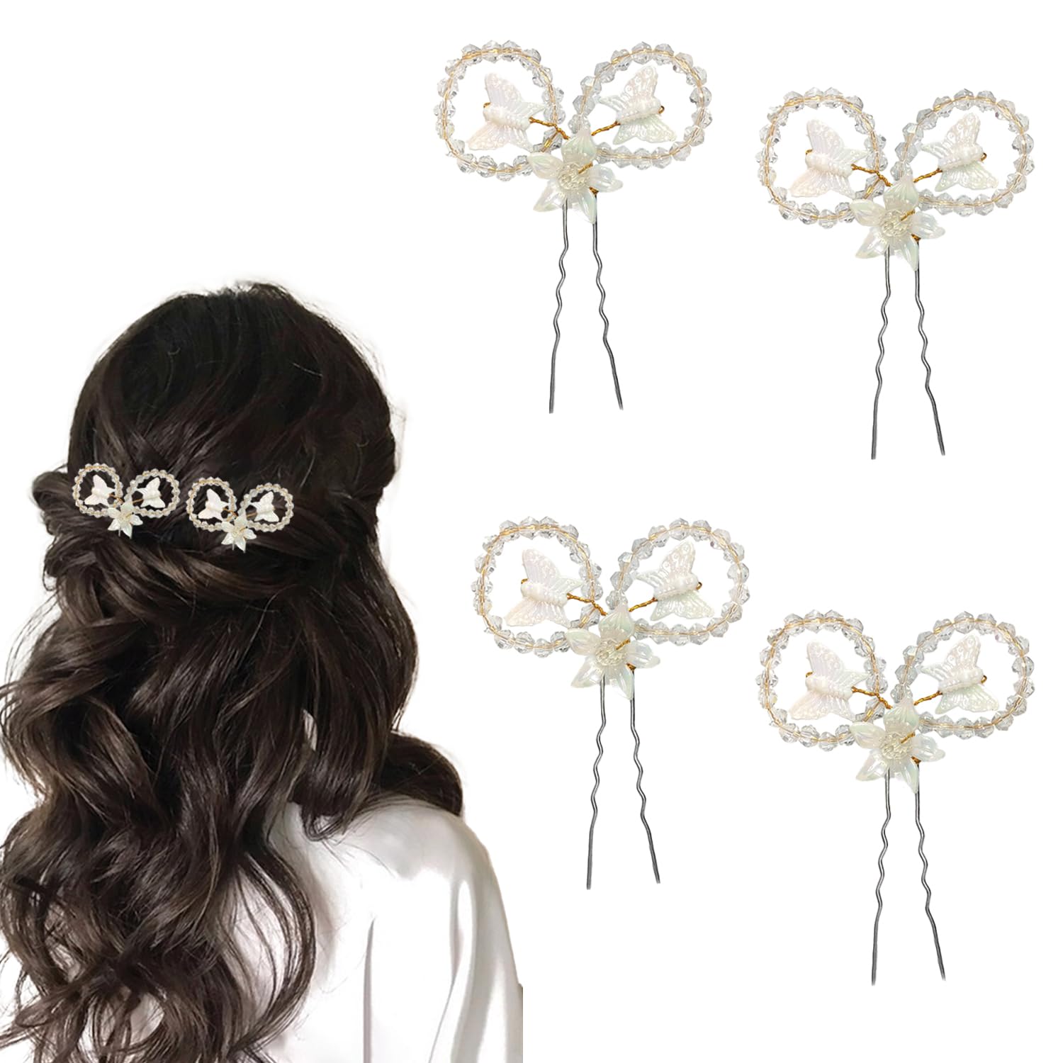 TEMPERIA (4 pcs) Crystal U Pin Hair Accessories For Women & Girls – Artificial Flowers Bun Juda Bridal Pins for Hairstyle & Decoration – Pins & Clips for Style of Bride – White (MN02)