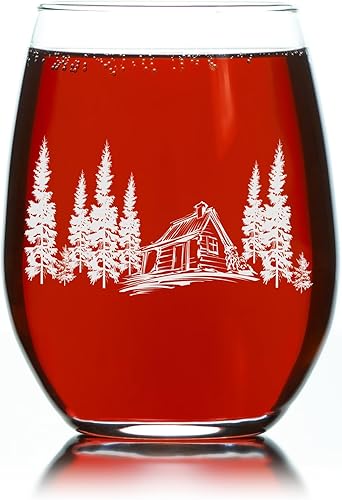 Vista 4 de C M - Cabin in the Woods - Copa de vino sin tallo - 17 oz - Regalo temático de cabina para hombres y mujeres