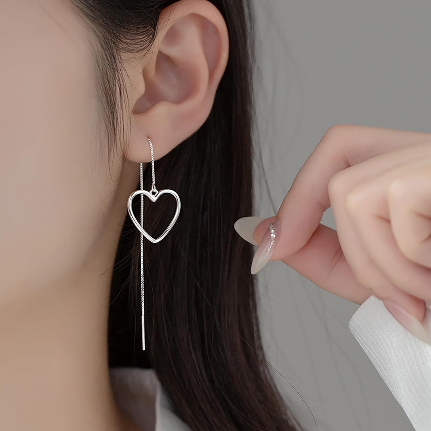 Heart Threader Drop Earrings for Women 925 Sterling Silver Love Chain Dangle Earrings Drops Minimalist Heart Tassel Dangle Earrings Long Chain Earring Wedding Birthday Mothers Day Jewelry Gift