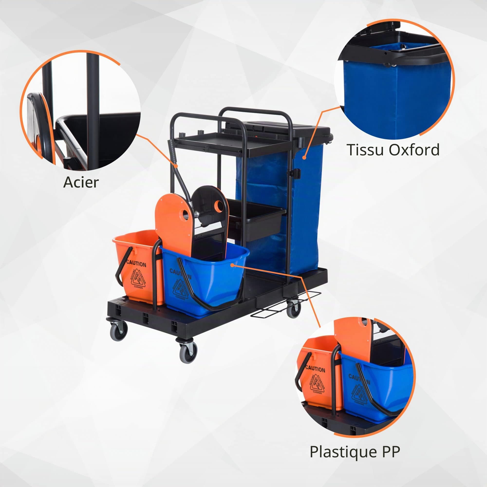 HOMCOM Chariot de Nettoyage avec 4 Roulettes Maniables - Noir, Bleu et Orange - 111 × 63,3 × 103 cm