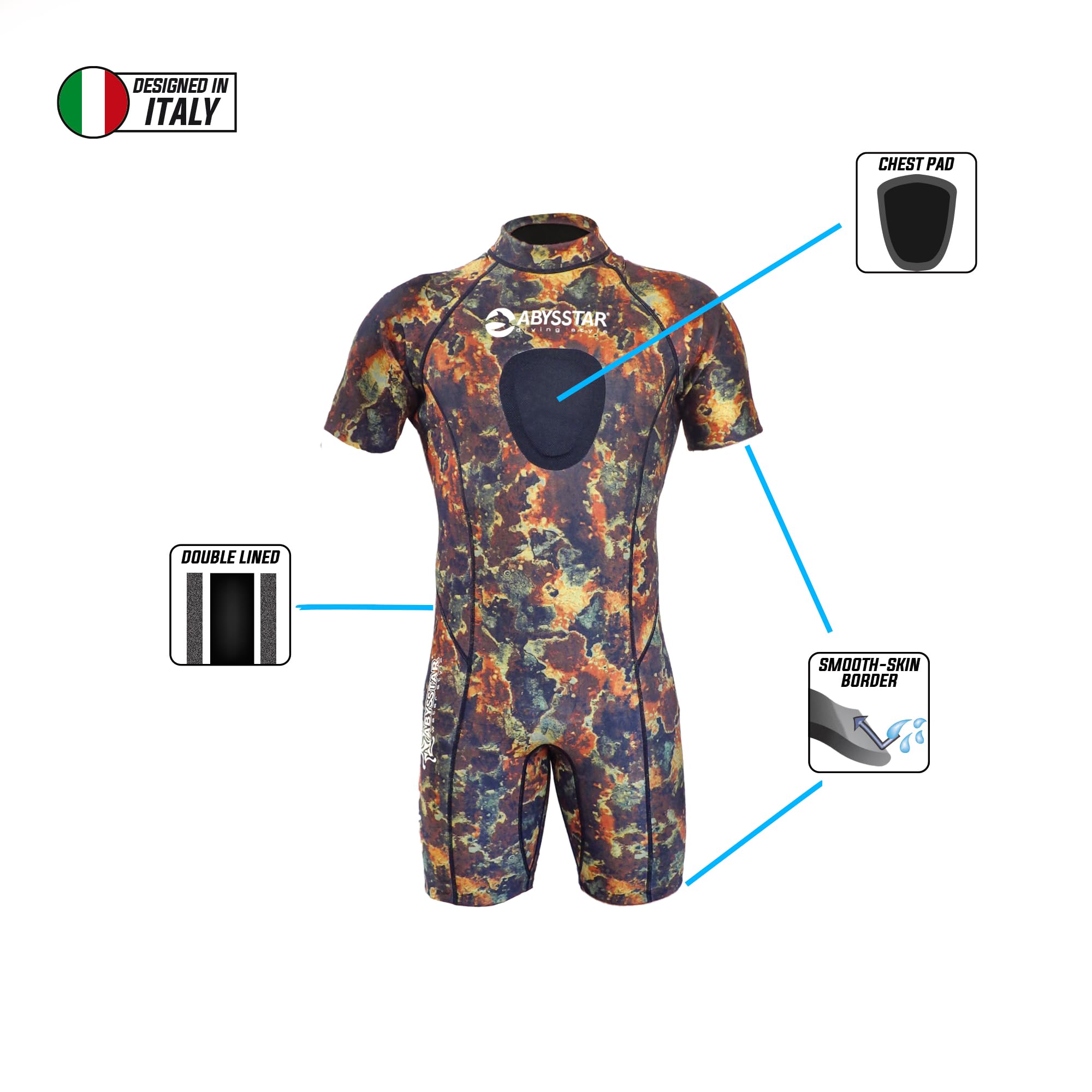 ABYSSTAR - Muta Shorty in Neoprene bifoderato 2,5 mm - Sea Spring Man Camouflage - con Pad Protettivo - Pesca Subacquea