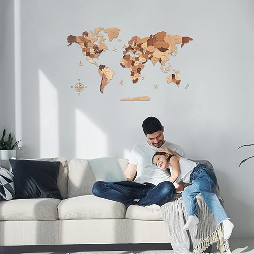 Miniatura 4 de Handiwoo Mapa del mundo de madera 3D, arte de pared de mapa del mundo de madera, mapa de madera de varias capas del mundo, idea de regalo de