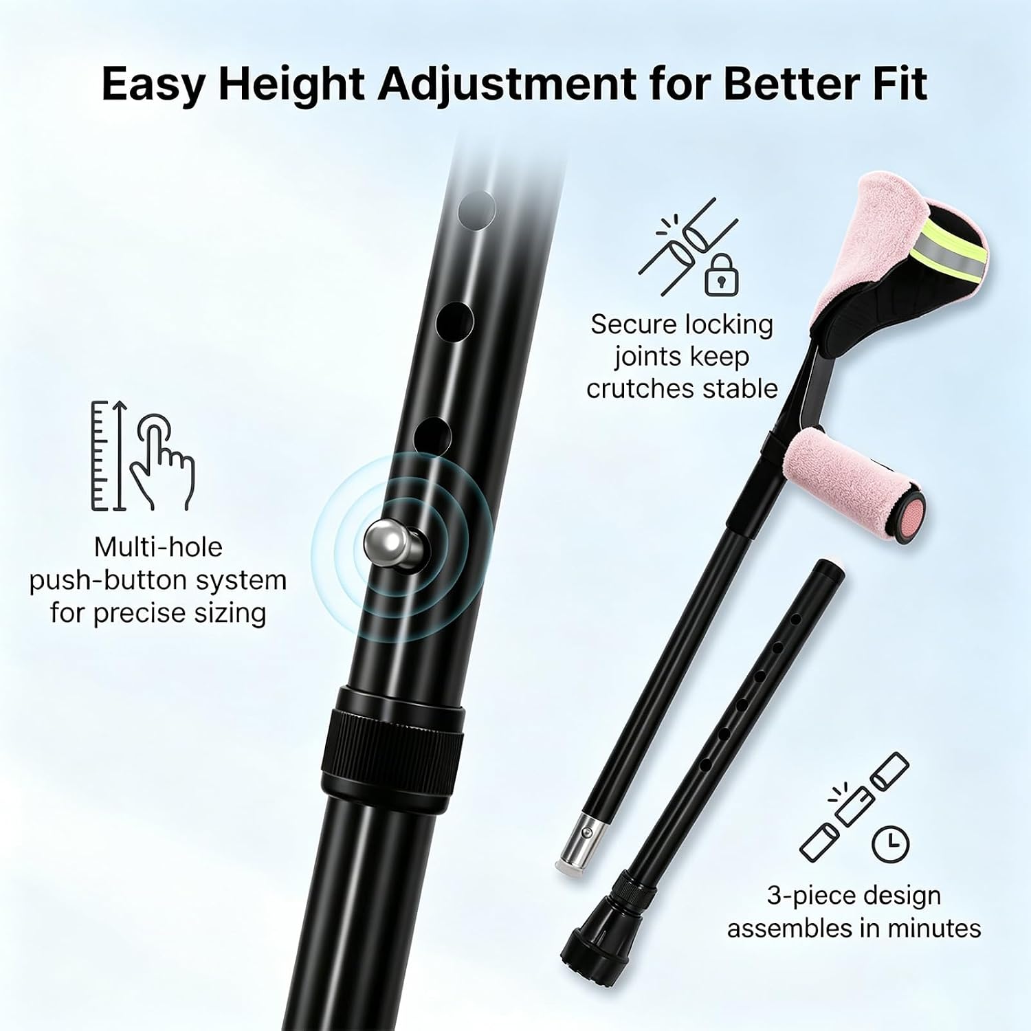 Elbow Crutch for Women Adults, Adjustable Foldable Forearm Crutch with Padded Elbow & Hand Protector, 10-Level Height, Light, Aluminum, 330 lbs Comfort Grip for Recovery, Black with Pink Cuff