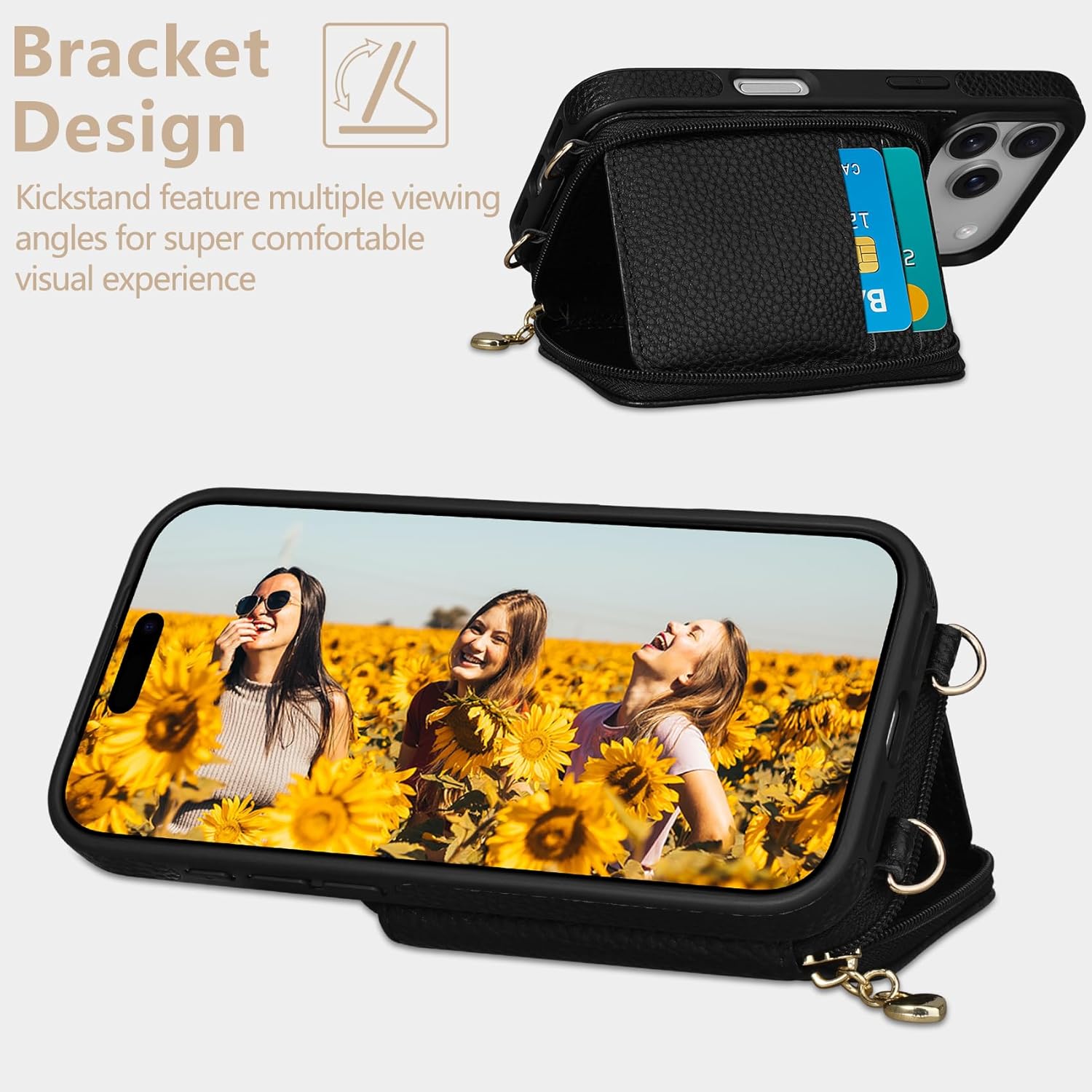 Keallce Case for iPhone 17 Pro 6.3'' Case Wallet, Crossbody Zipper Purse with RFID Blocking Card Slots Kickstand, Lanyard & Handstrap Flip Folio Leather Phone Cover for iPhone 17 Pro, Black - Image 3