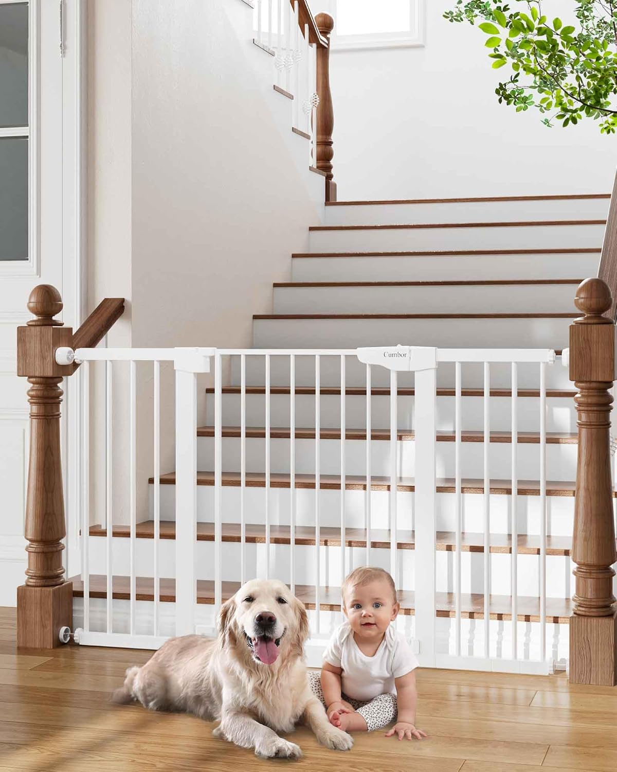 Cumbor 29.7-54.2" Wide Baby Gate for Stairs, Mom's Choice Awards Winner-Self Closing Dog Gate Indoor for Doorways, No Drilling Pressure Mounted Pet Gates for Kids, Easy Walk Through Safety Gate, White White 29.7-54.2"W x 30.5"H