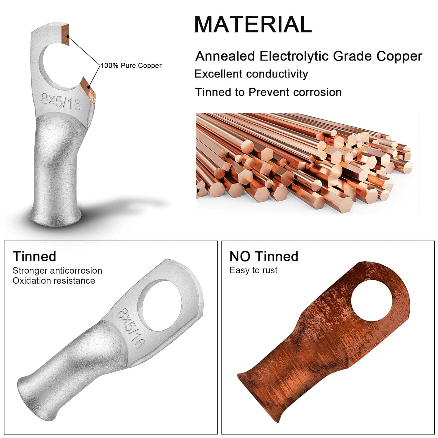 iGreely 10pcs 8 Gauge 5/16" Wire Lugs Ring Terminal Connectors Ends 8 AWG Heavy Duty Tinned Copper for Battery Cable Lug Wire Electrical Eyelets with 10pcs 3:1 Dual Wall Adhesive Heat Shrink - Image 3