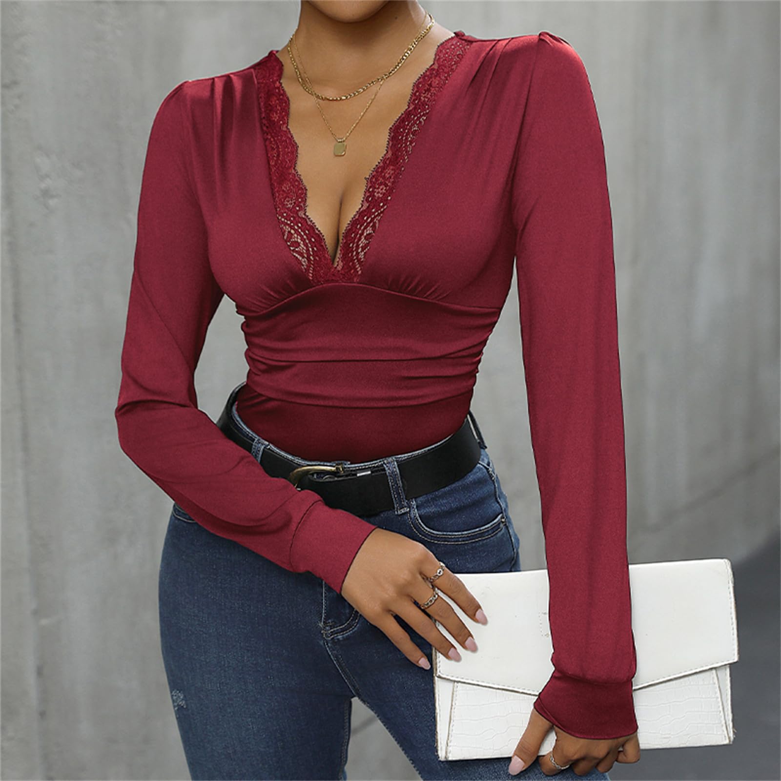 Daysskk Body da donna in pizzo a maniche lunghe con scollo a V sexy, Rosso vinaccia, S