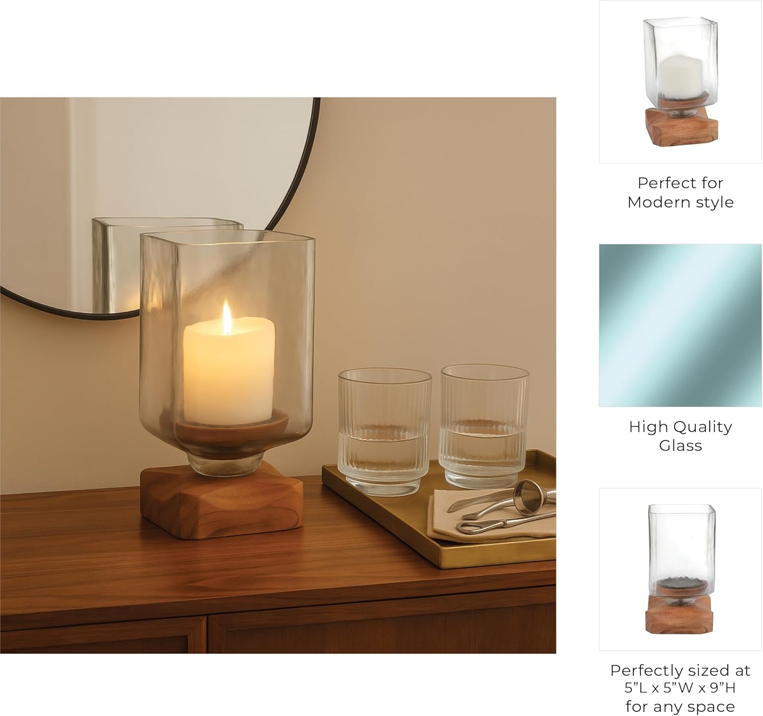 Decorative Wood and Glass Candle Holder Hurricane - Contemporary Pillar Candlestick Holder for Dining Table Centerpieces - Stylish Home Decor Accent for Bookshelf or Entryway Decor - 9", Brown