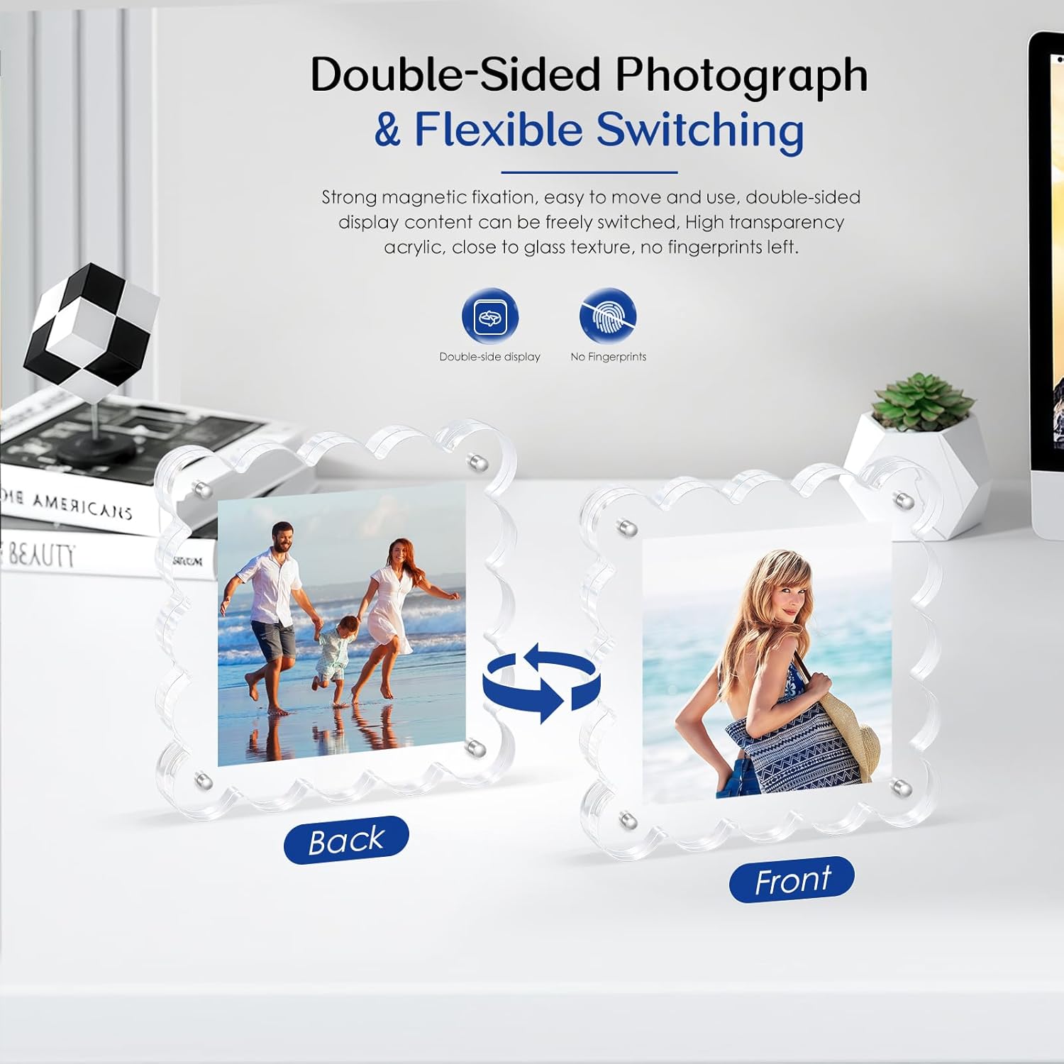 Acrylic Magnetic Picture Frames 4x4-2Pack Clear Freestanding Photo Frame.Double-Sided Scalloped Edges, 10+10mm Thick Block, for Modern Desktop Display &Perfect for Gifts (2 Pack, 4X4) - Image 2