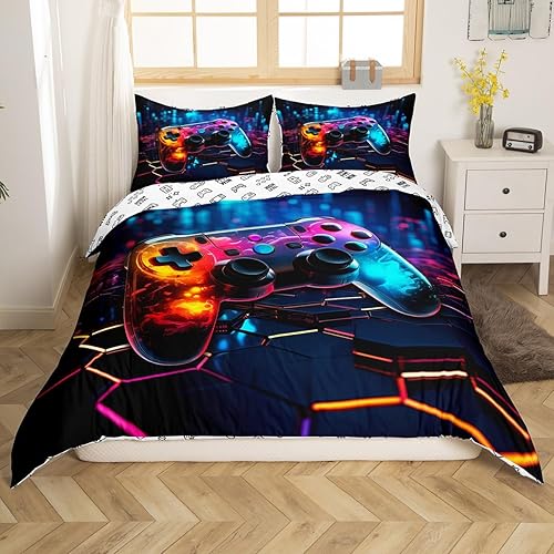 Miniatura 3 de Manfei Juego de funda de edredón de videojuegos tamaño Queen, juego de ropa de cama geométrica de panal de abeja de 3 piezas para niños y