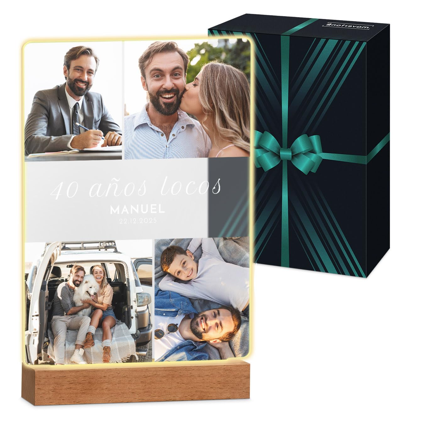 Maverton 3D Cuadro Personalizado con Foto y Texto - Luz LED Lampara de Mesita de Noche - San Valentin Boda Aniversario Pareja, Hombre y Mujer, Dia Del Padre Regalos - 21 x 30 cm o 15 x 22 cm, USB-A